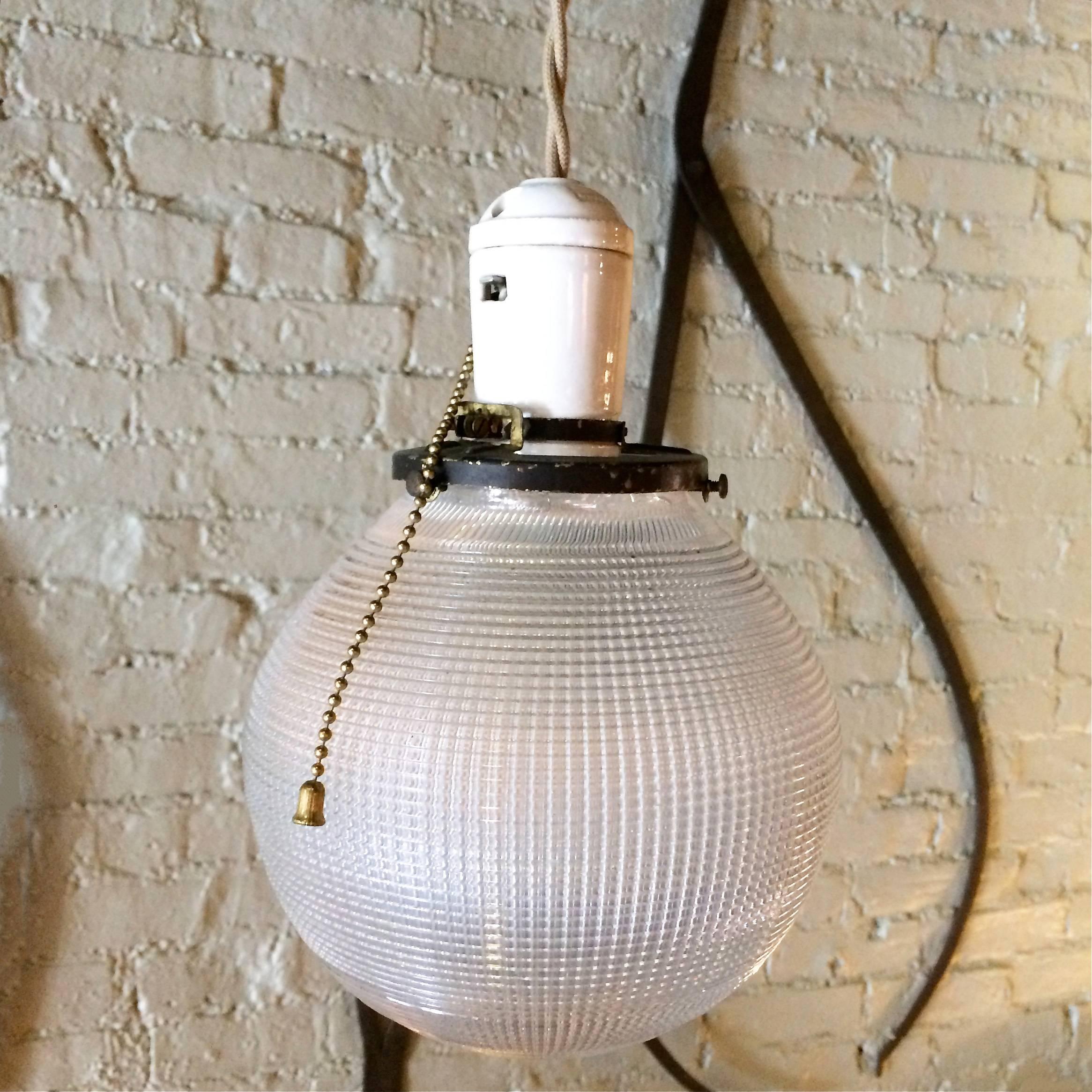 American Pair of Industrial Holophane Glass Globe Pendant Lights For Sale