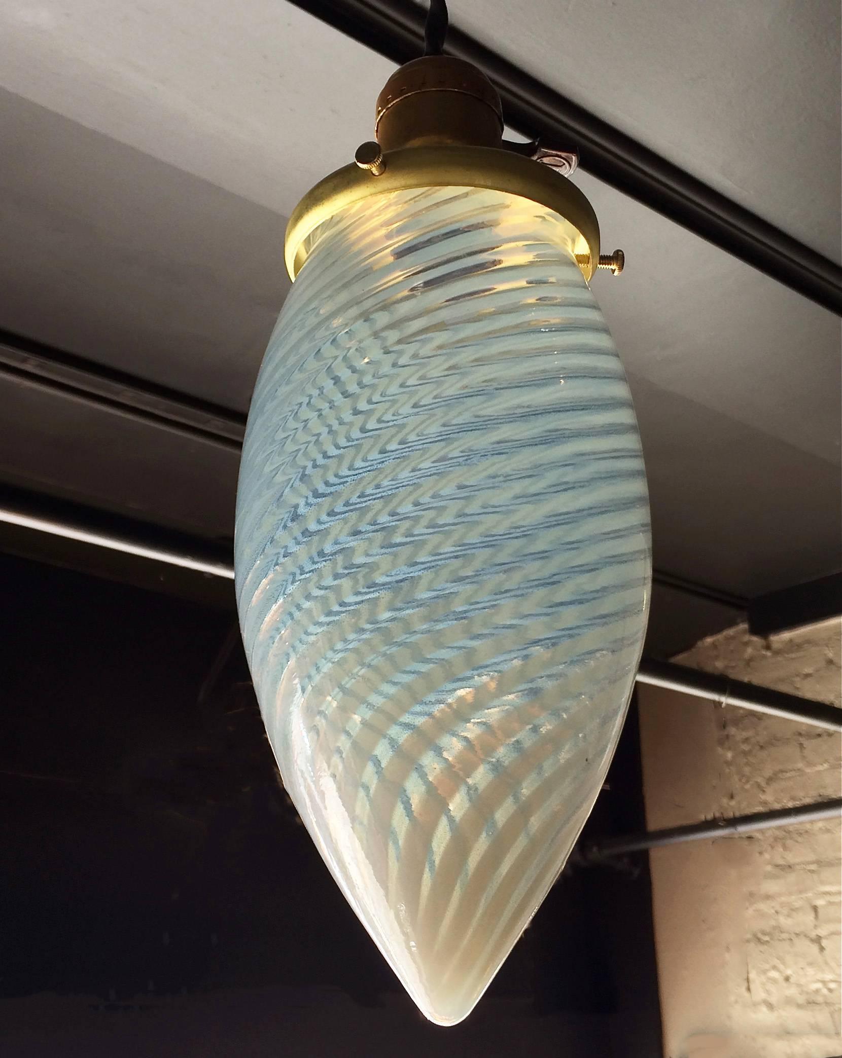 American Set of Four Blue Swirl Teardrop Blown Glass Pendant Lights
