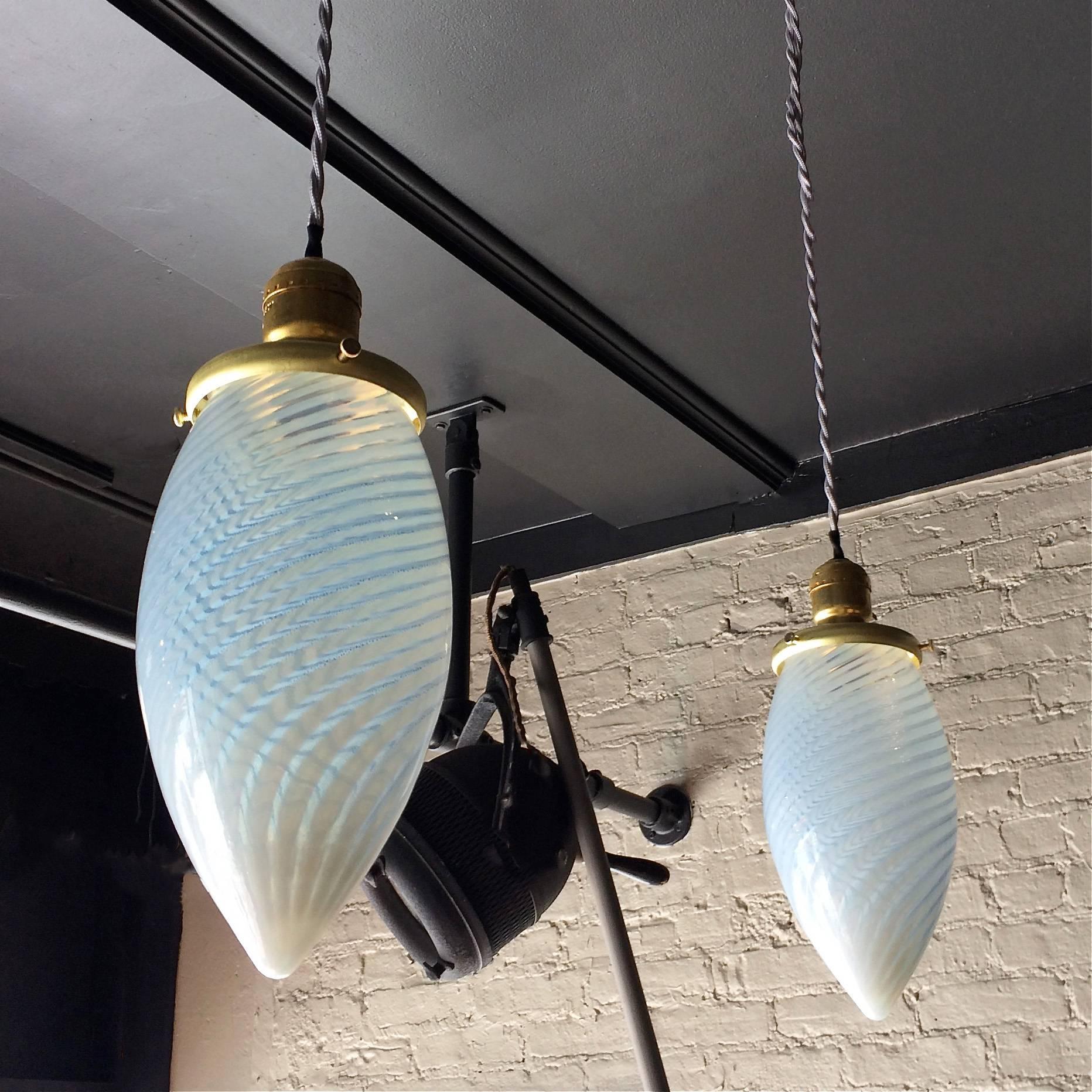 Mid-Century Modern Set of Four Blue Swirl Teardrop Blown Glass Pendant Lights
