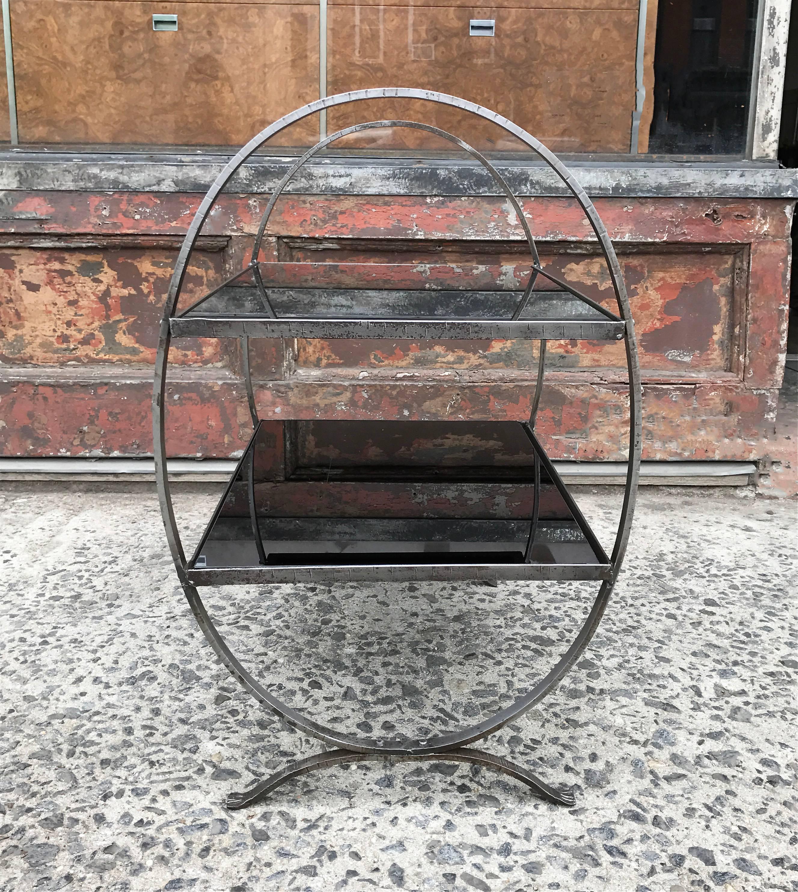 American Art Deco Etched Steel and Cobalt Glass Two-Tier Side Table For Sale