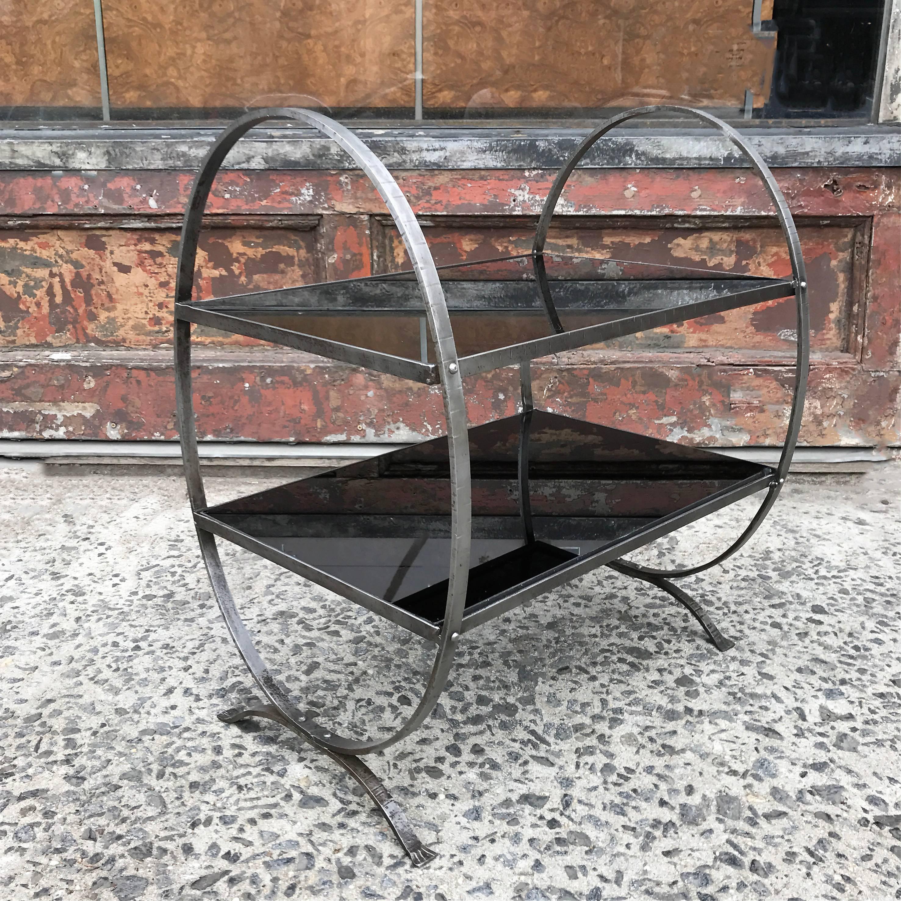 Art Deco Etched Steel and Cobalt Glass Two-Tier Side Table In Good Condition For Sale In Brooklyn, NY