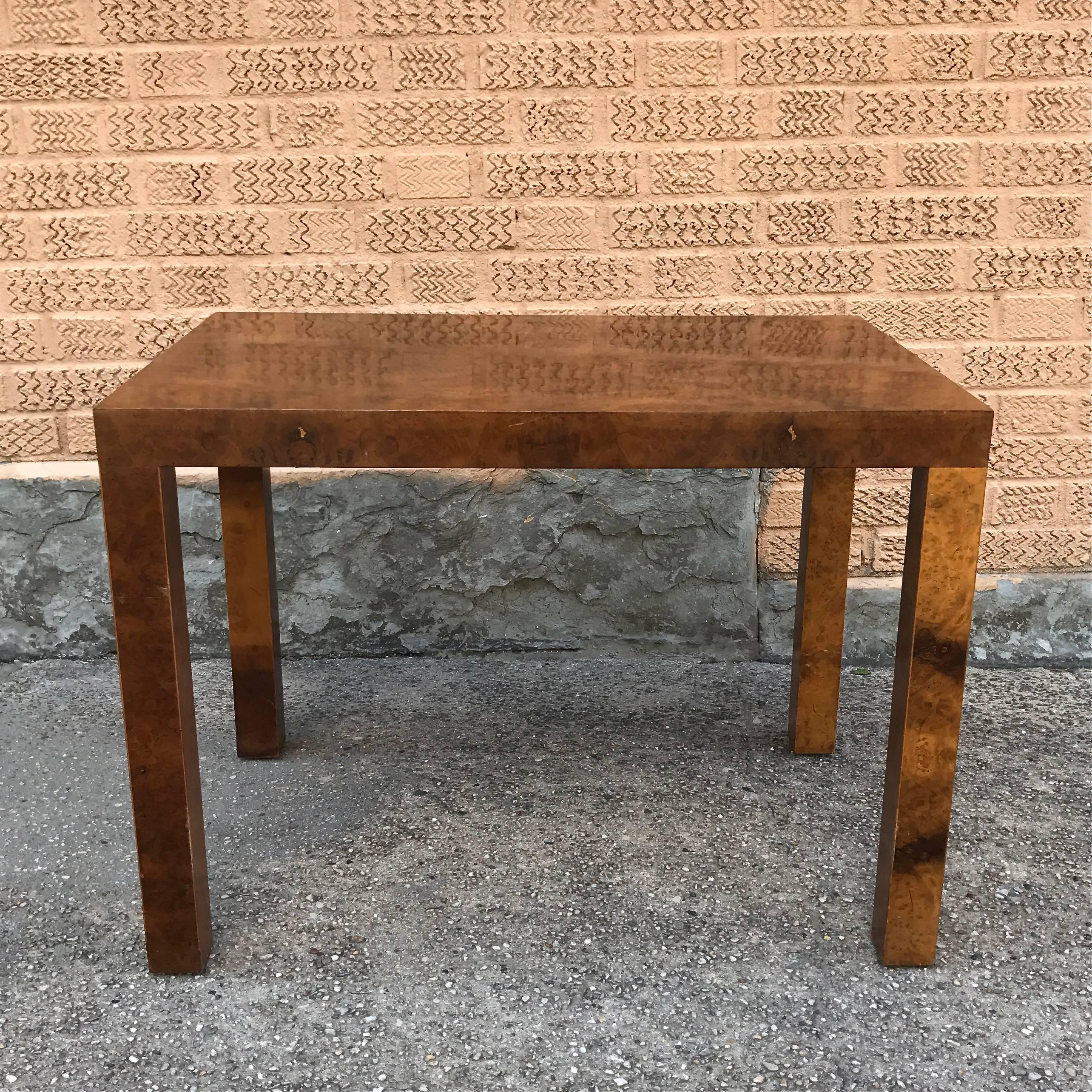 Burled, olive wood, Parsons, side or occasional table designed by Milo Baughman for Directional: The Custom collection.