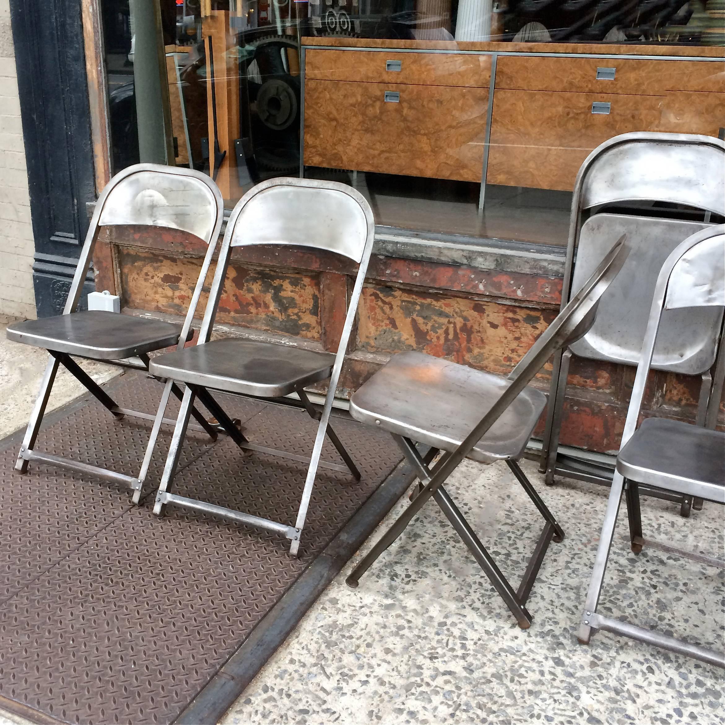 Industrial Brushed Steel Folding Chairs In Excellent Condition In Brooklyn, NY