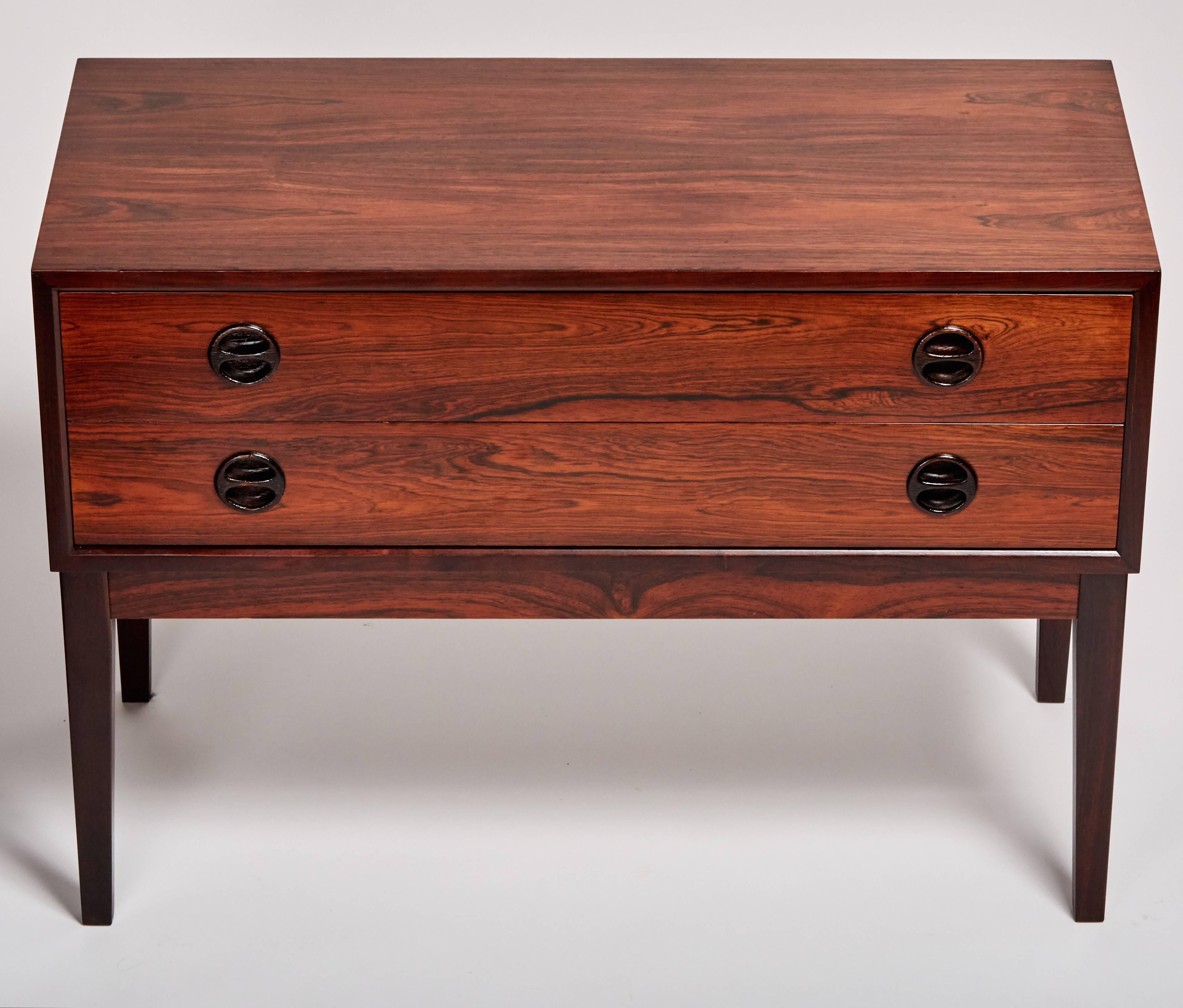 Petite, Danish modern, two-drawer, rosewood dresser with recessed pulls is also perfect as a low entryway console.