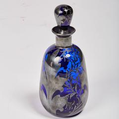 Venetian Cobalt Glass Decanter with Hand-Painted Sterling Silver