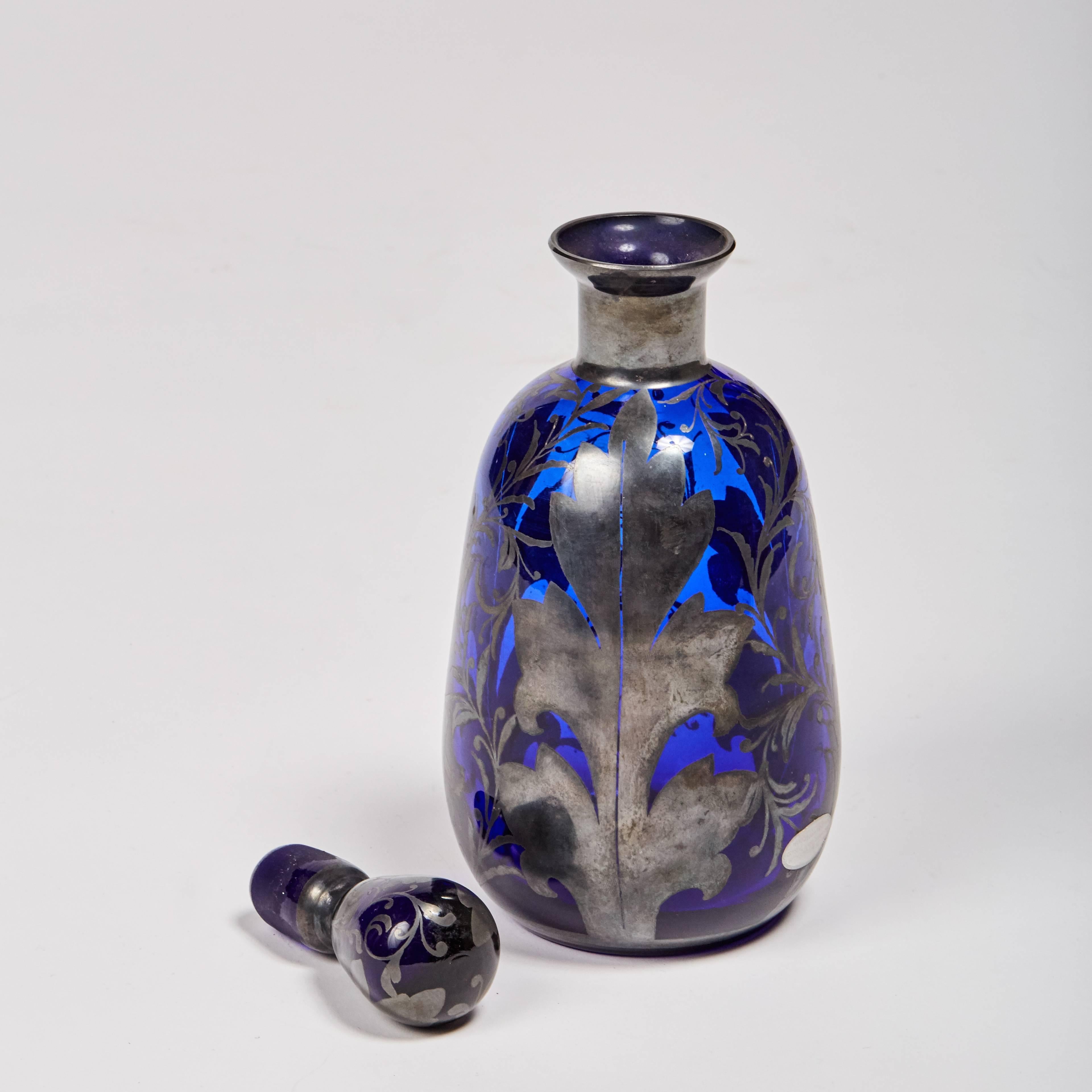 Venetian Cobalt Glass Decanter with Hand-Painted Sterling Silver In Good Condition In Brooklyn, NY