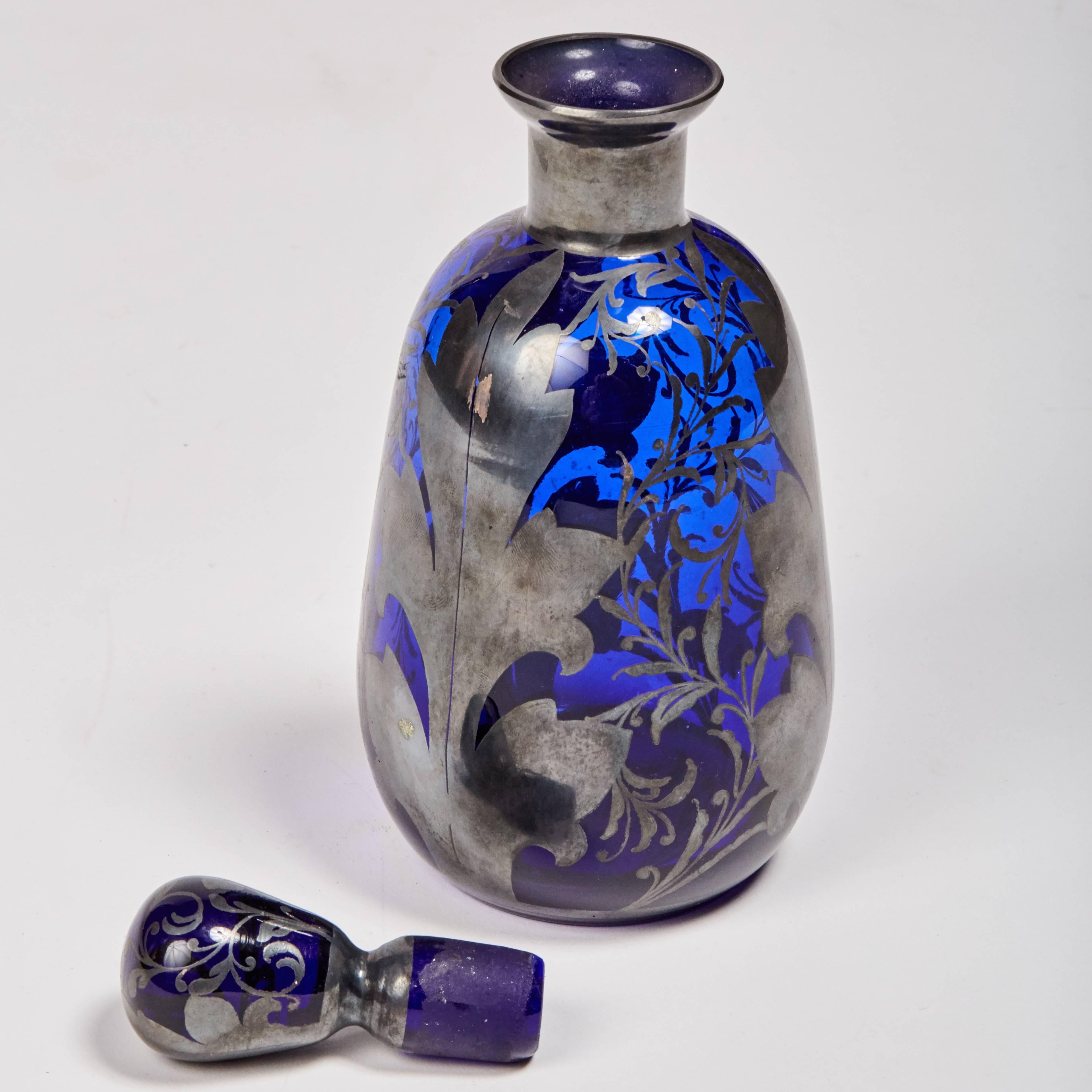 Art Nouveau Venetian Cobalt Glass Decanter with Hand-Painted Sterling Silver