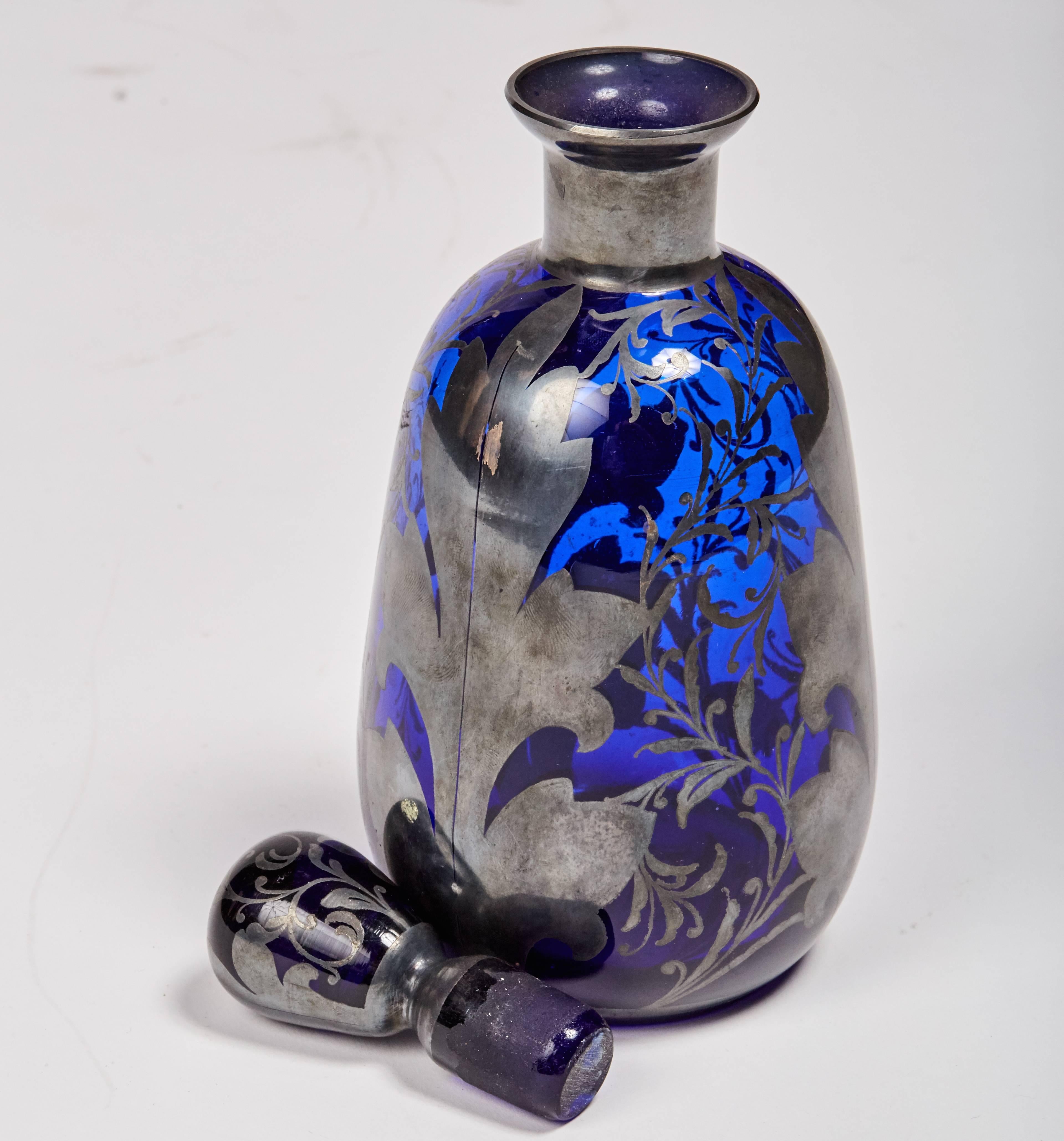Italian Venetian Cobalt Glass Decanter with Hand-Painted Sterling Silver