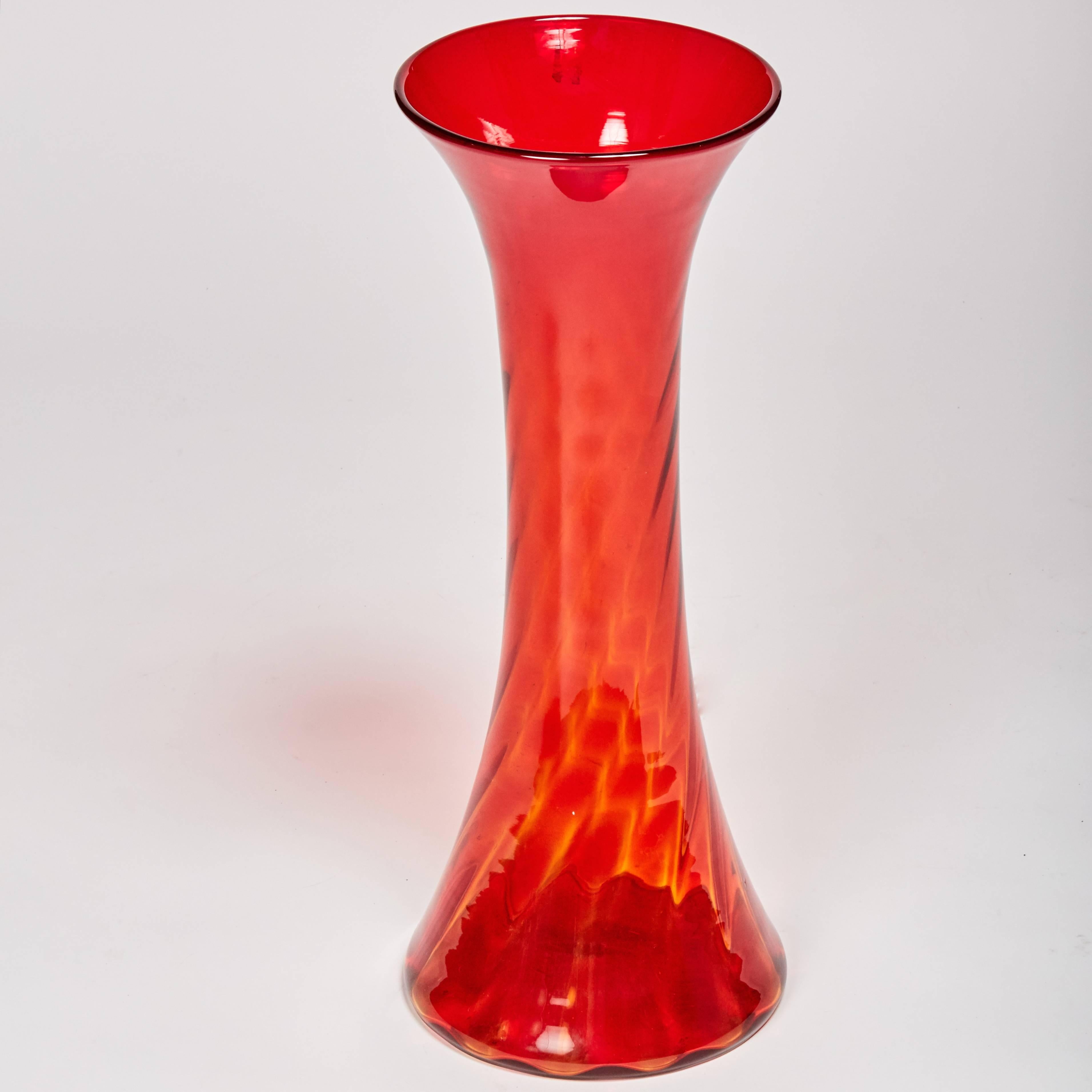 Tall, impressive, brilliant sunset orange, swirled glass vase by Blenko Glass.
