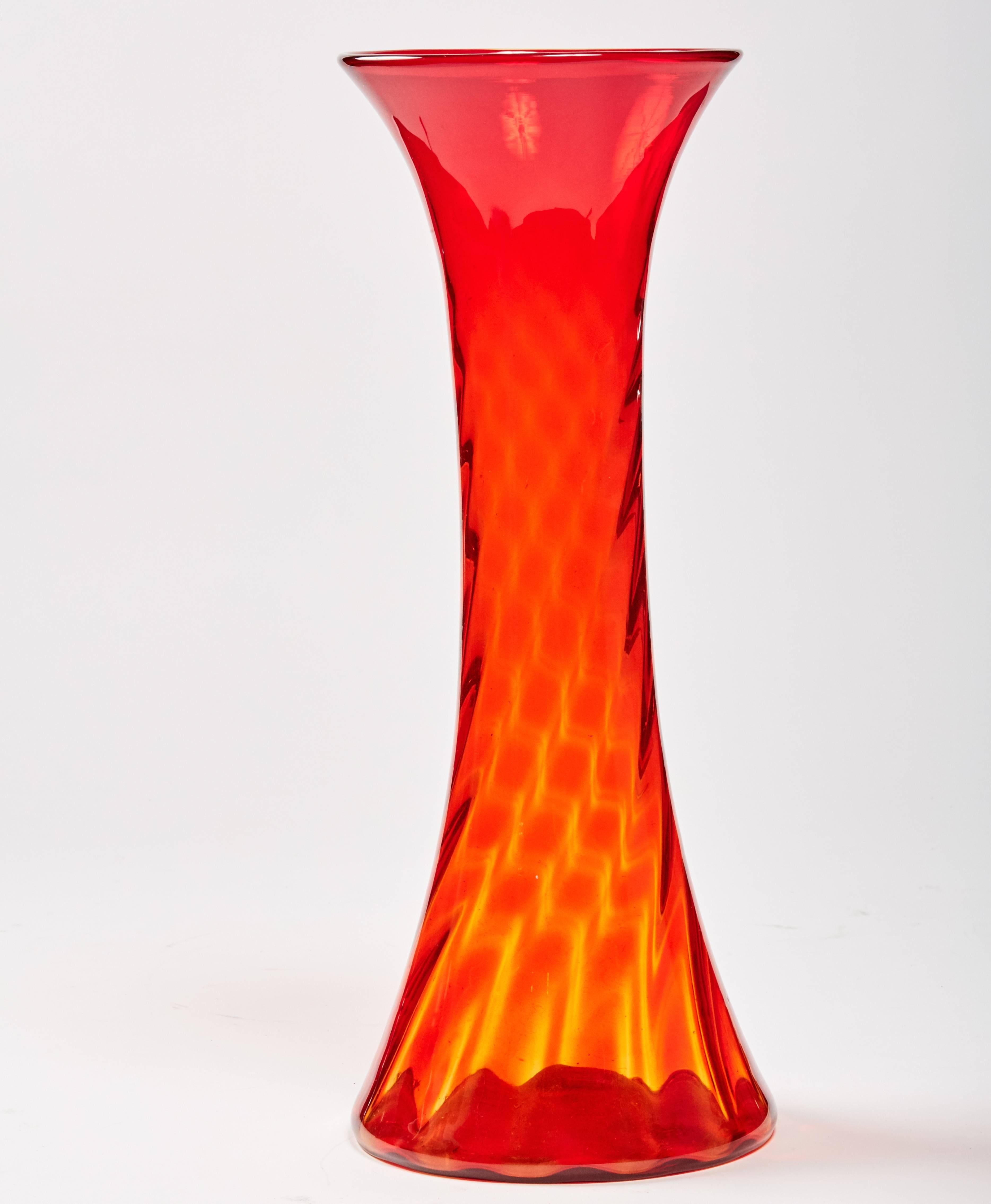 American Tall Swirled Sunset Orange Vase by Blenko Glass