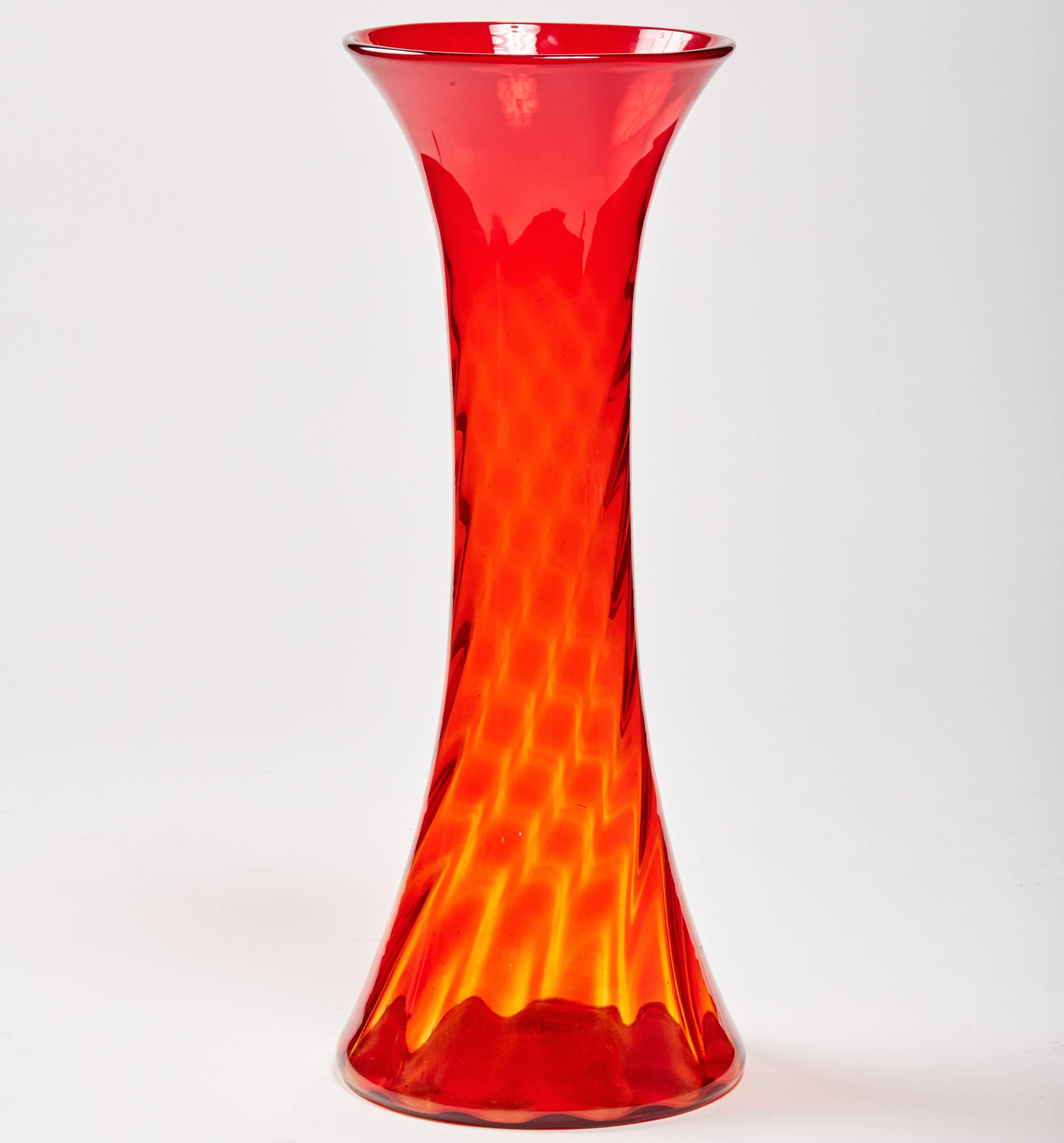 Mid-Century Modern Tall Swirled Sunset Orange Vase by Blenko Glass