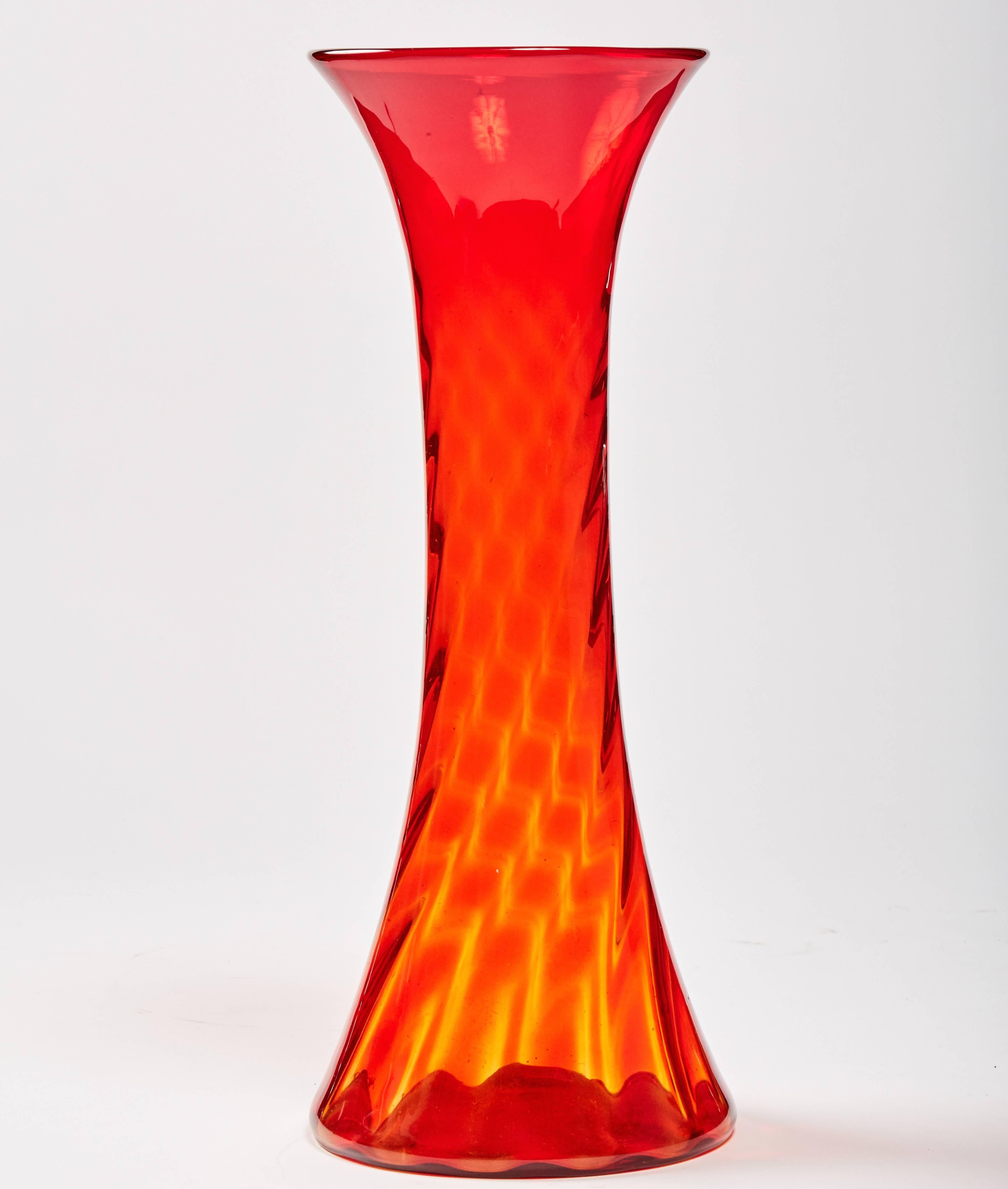Tall Swirled Sunset Orange Vase by Blenko Glass In Excellent Condition In Brooklyn, NY