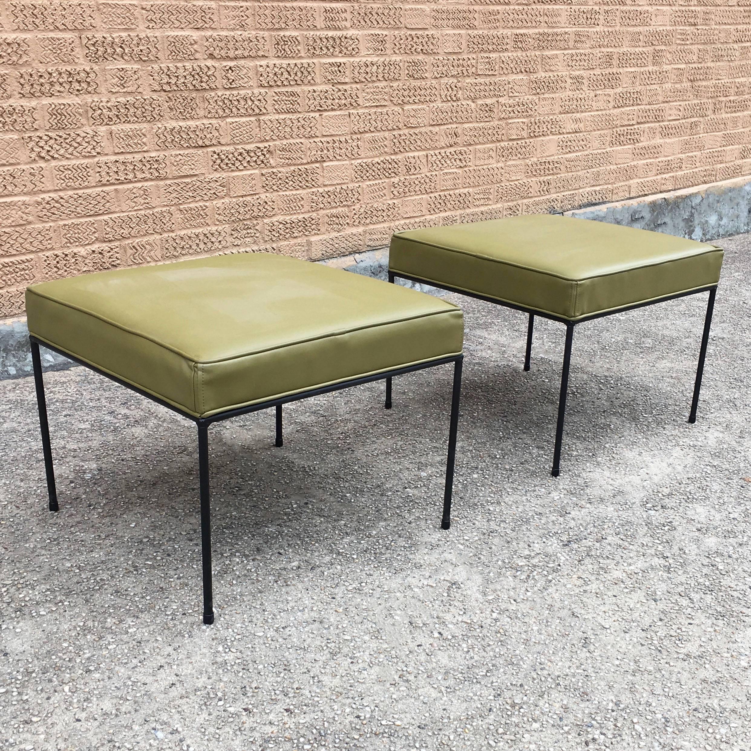 Mid-Century Modern Paul McCobb Square Wrought Iron and Olive Green Vinyl Ottomans