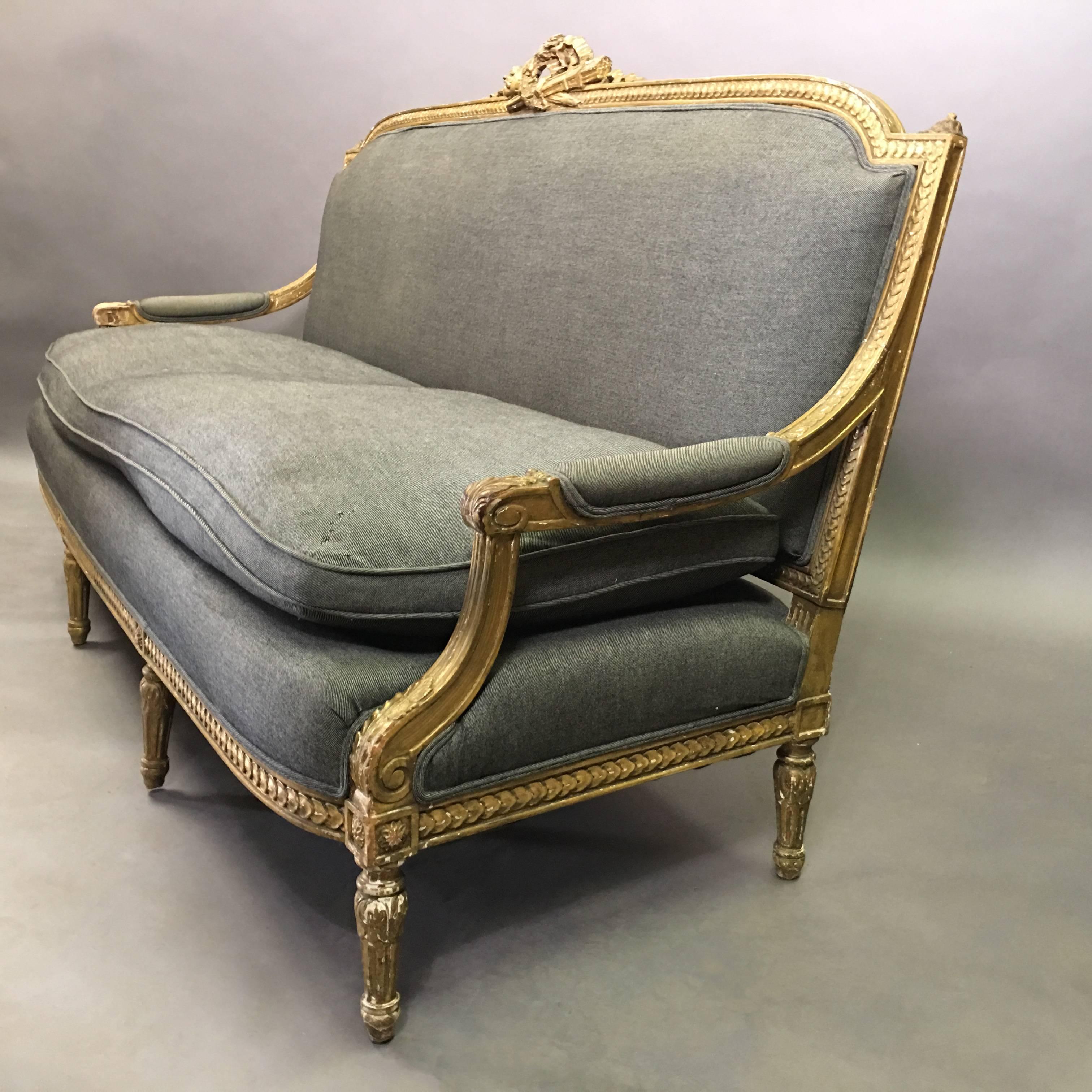 French Antique Louis XVI Style Carved Gilt Wood Upholstered Sofa