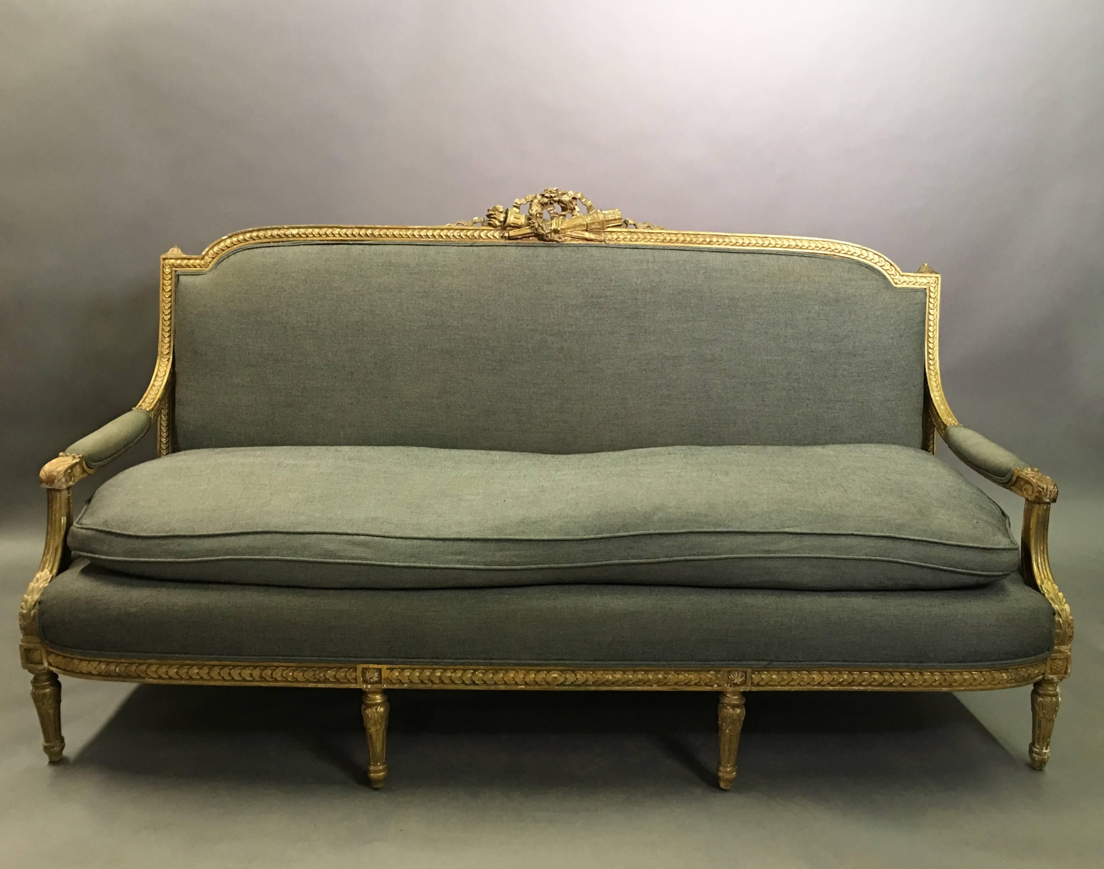 Antique Louis XVI Style Carved Gilt Wood Upholstered Sofa In Good Condition In Brooklyn, NY