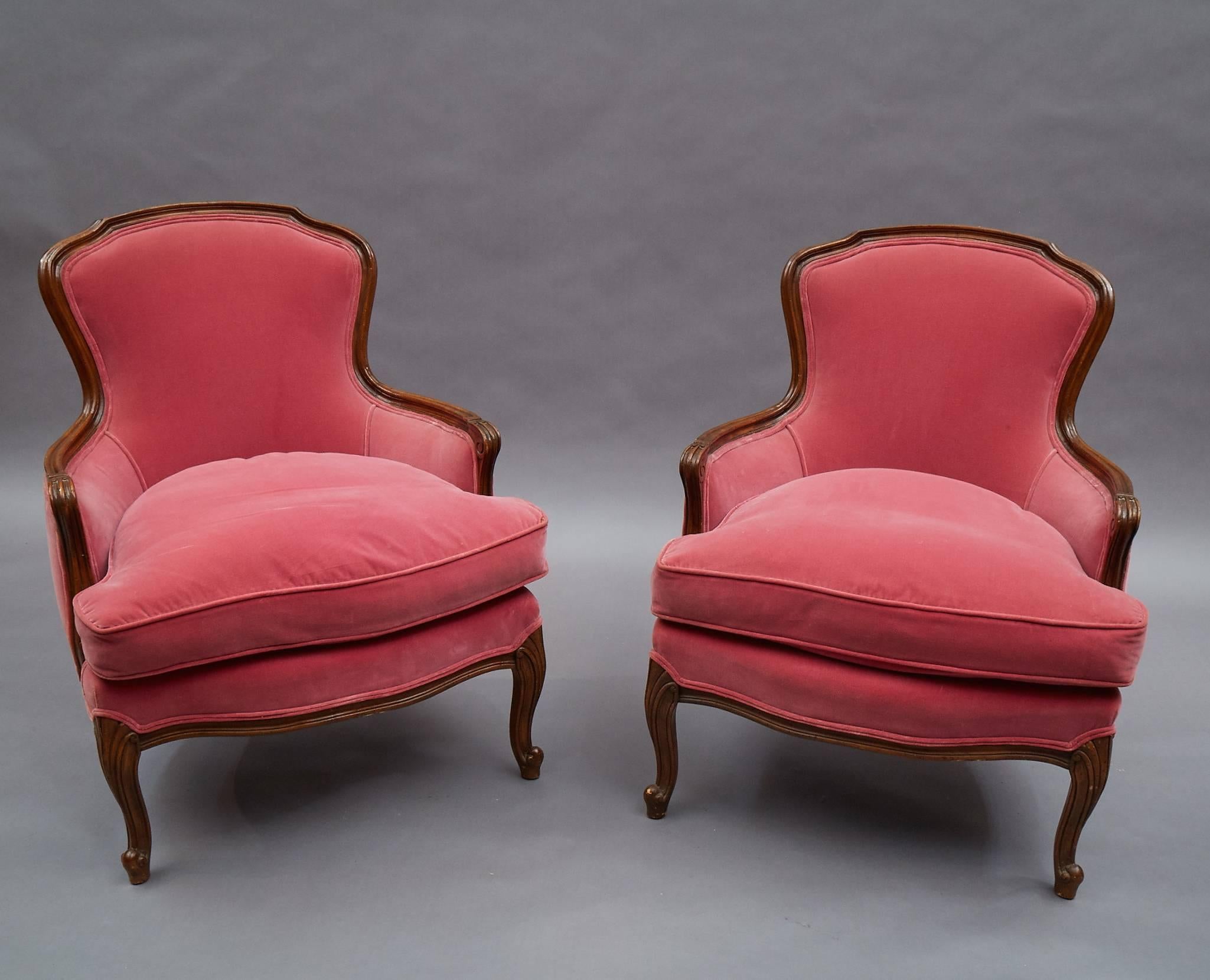 Victorian Louis XVI Style Carved Mahogany and Velvet Bergère Chairs