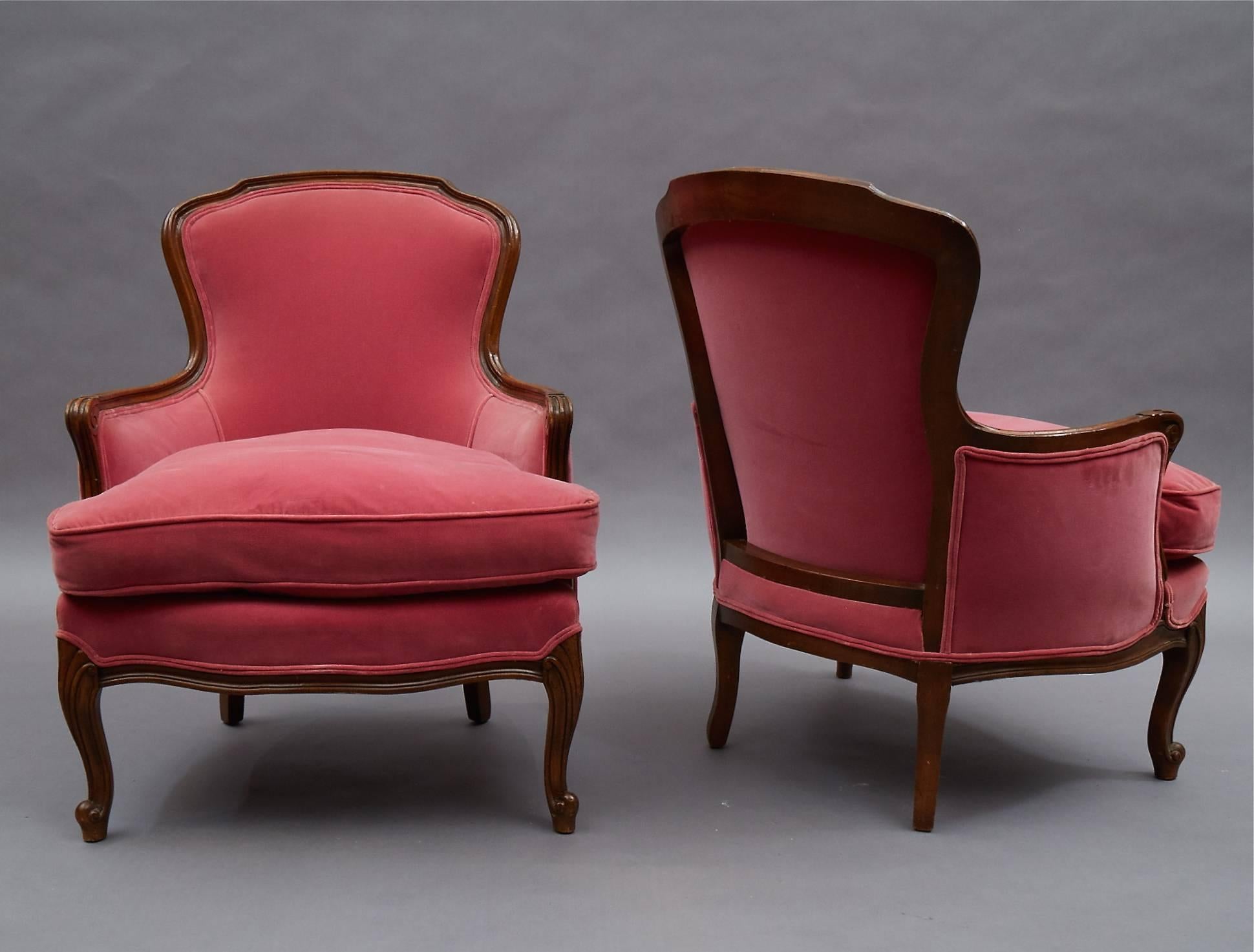 American Louis XVI Style Carved Mahogany and Velvet Bergère Chairs