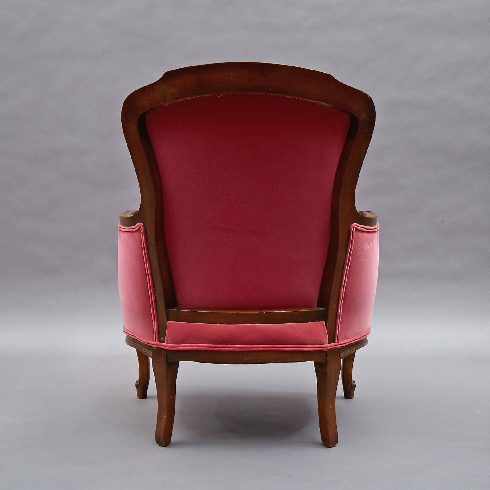 Mid-20th Century Louis XVI Style Carved Mahogany and Velvet Bergère Chairs