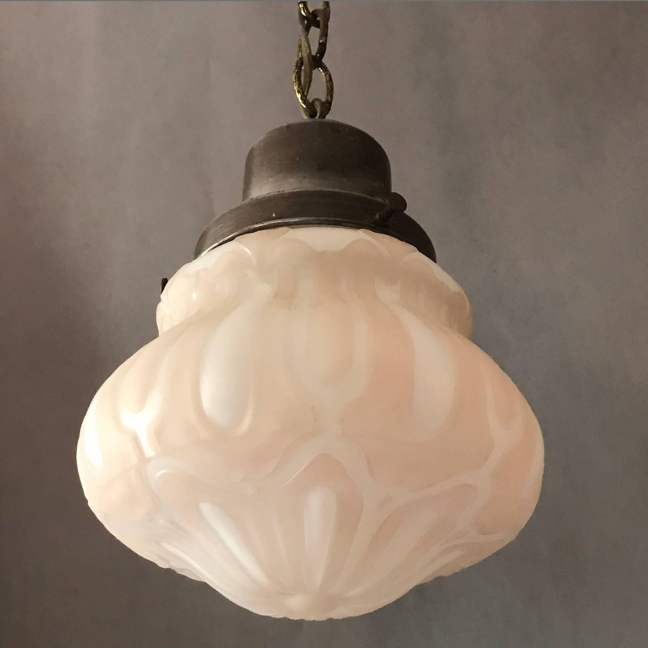 Mid-20th Century Art Deco White and Pink Pressed Glass Library Pendant Light