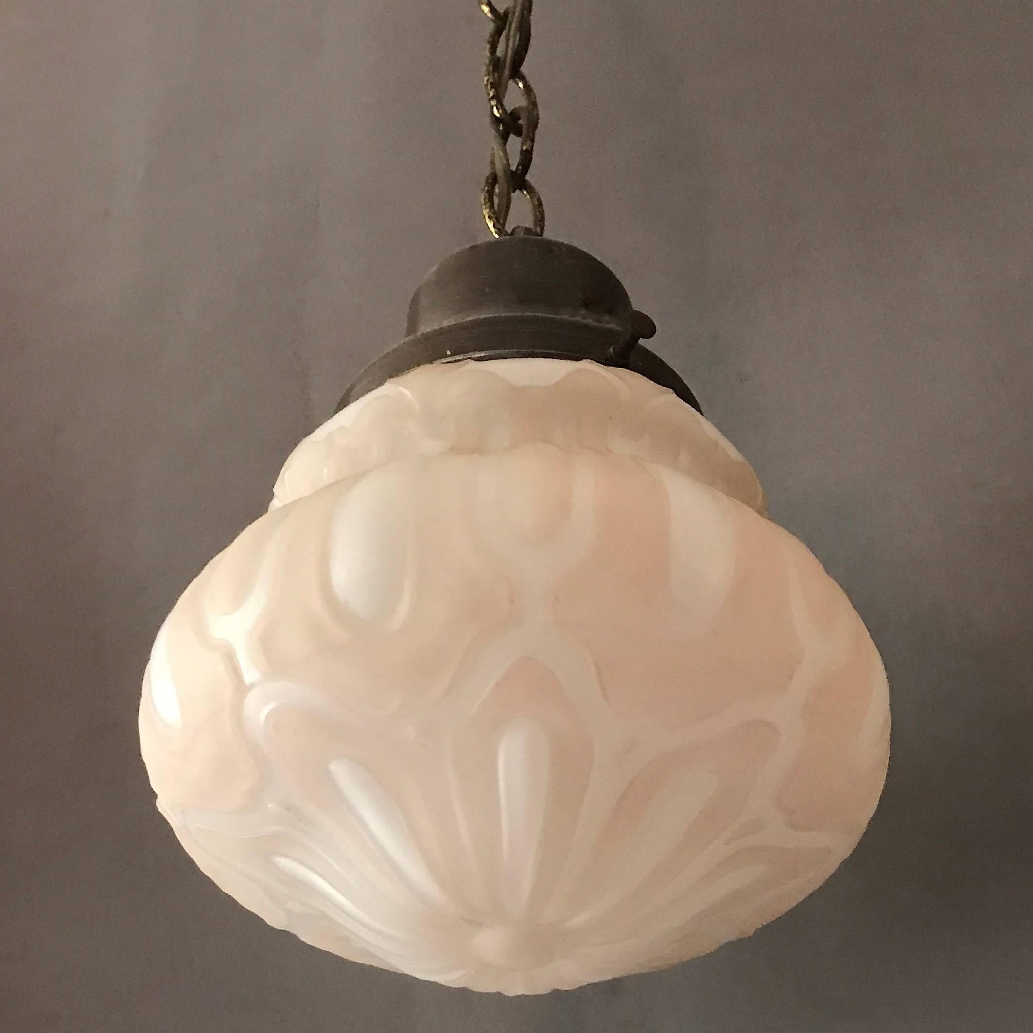 Brass Art Deco White and Pink Pressed Glass Library Pendant Light