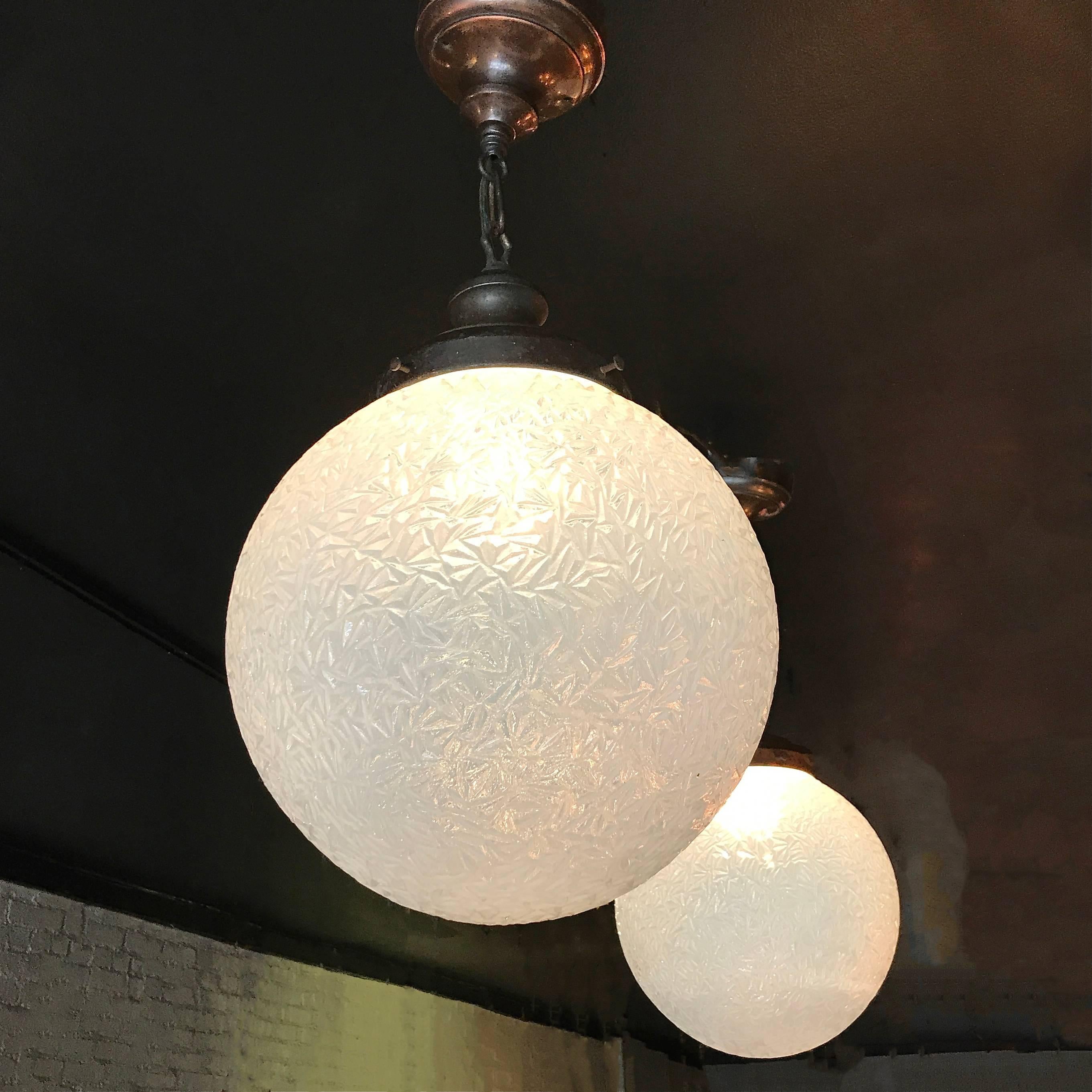 American Large Opaline Crinkle Glass Globe Railroad Pendant Lights
