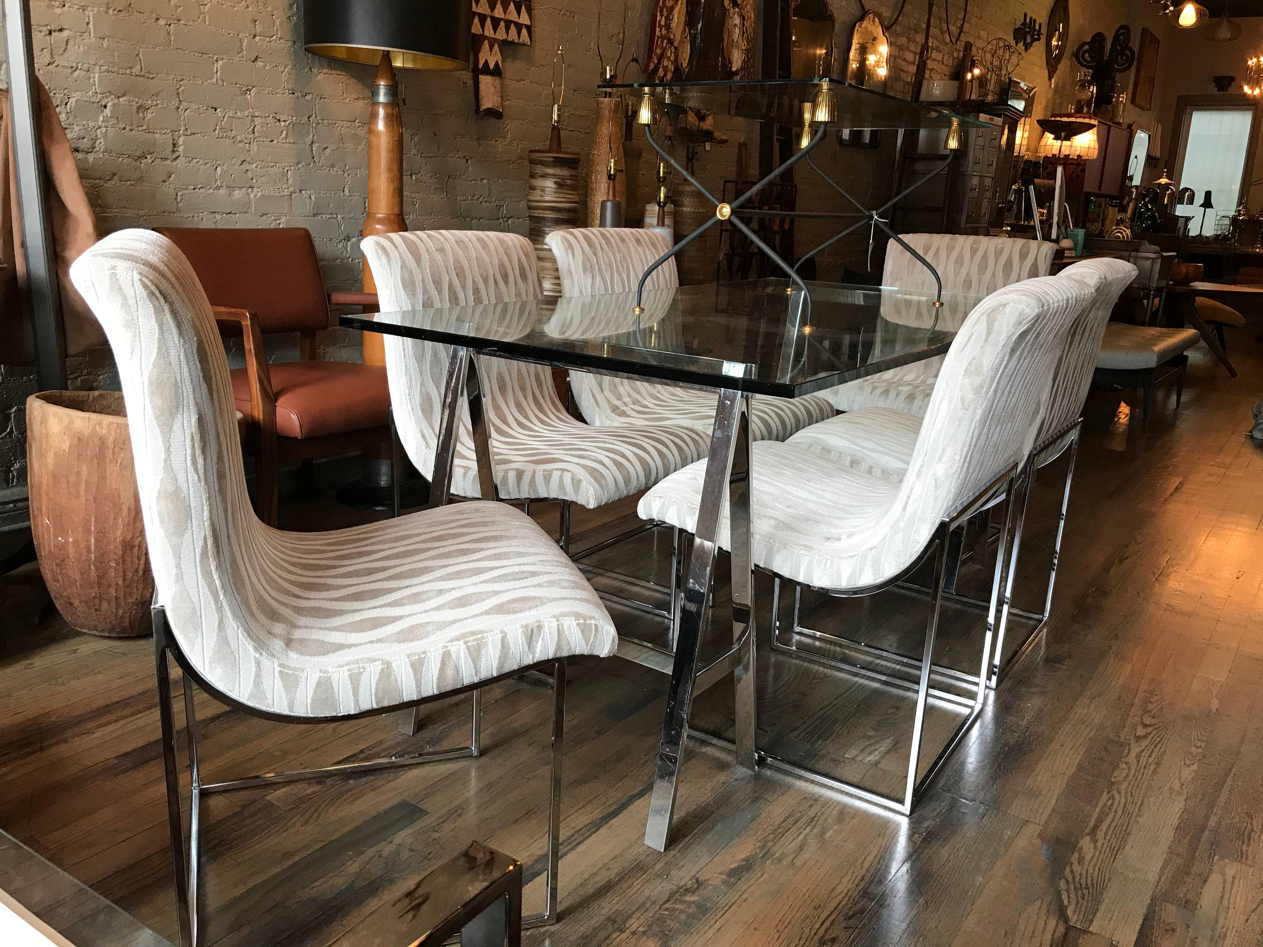 Milo Baughman for Thayer Coggin Upholstered Scoop Chrome Dining Chair Set In Excellent Condition In Brooklyn, NY