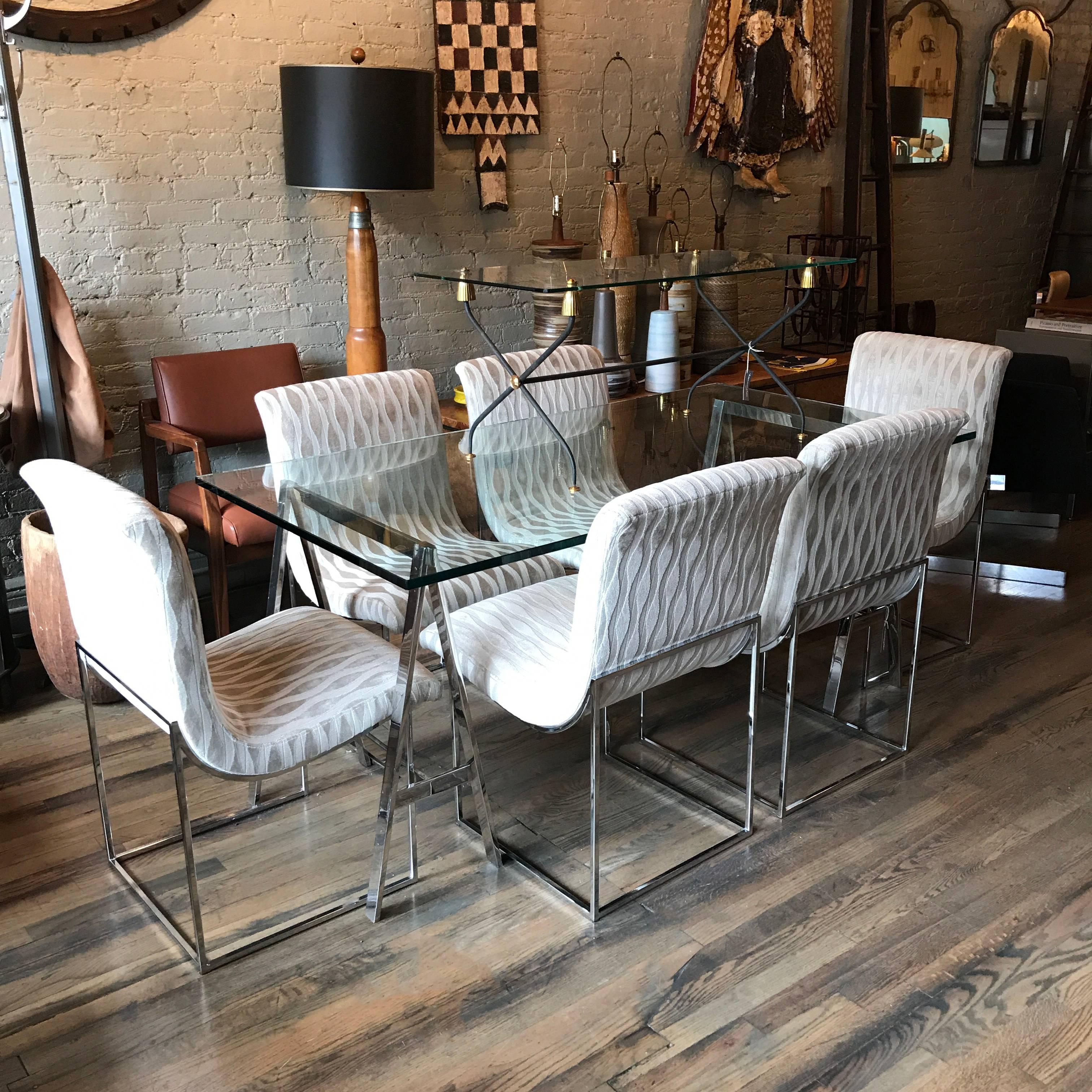 Stunning set of six Milo Baughman for Thayer Coggin dining chairs featuring newly upholstered "scoop" seats in light taupe/champagne, velvet jacquard that float atop minimal chrome bases. The Milo Baughman 3/4" glass and chrome saw