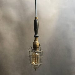 Industrial Caged Utility Light Pendant with Wood Handle