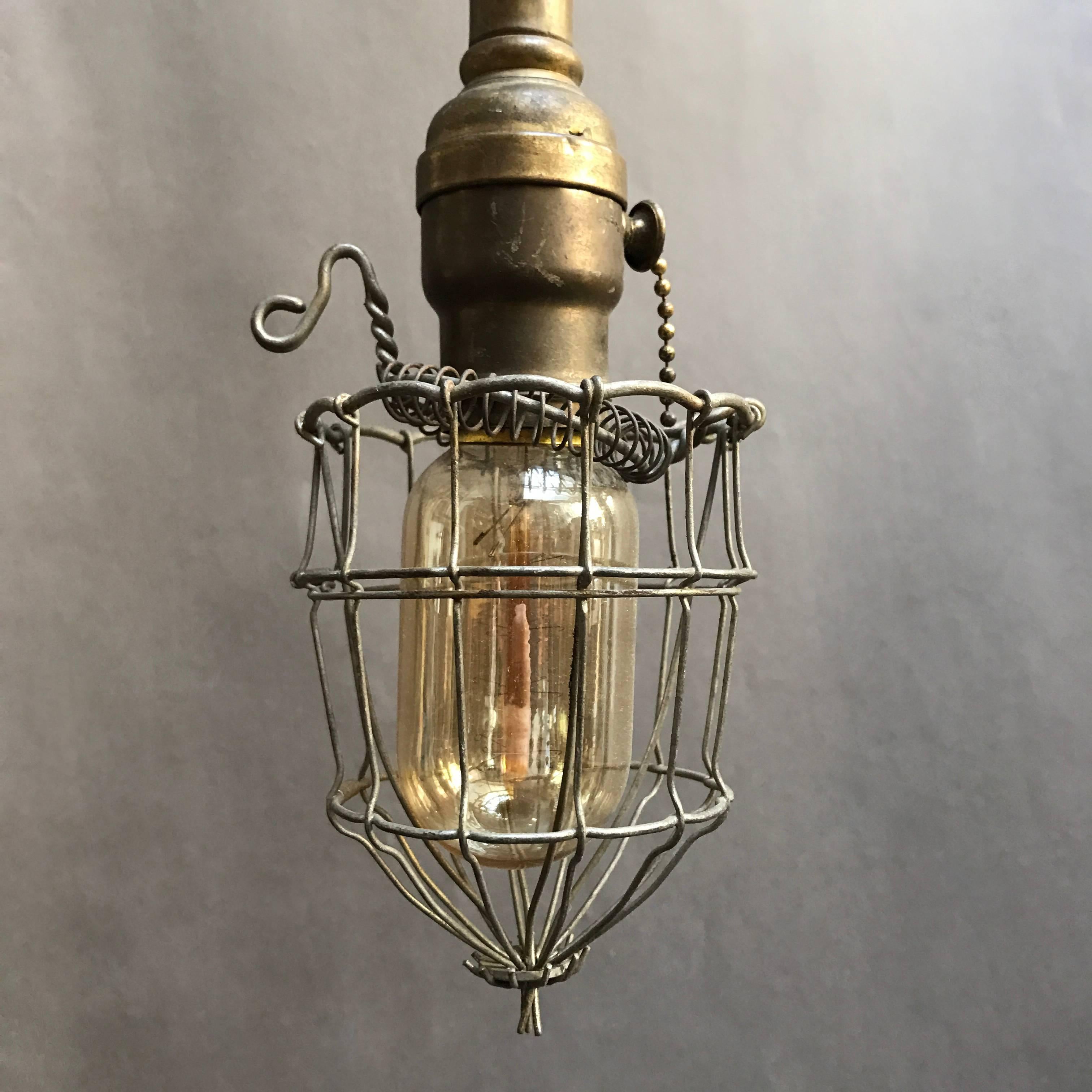 Lacquered Industrial Caged Utility Light Pendant with Wood Handle