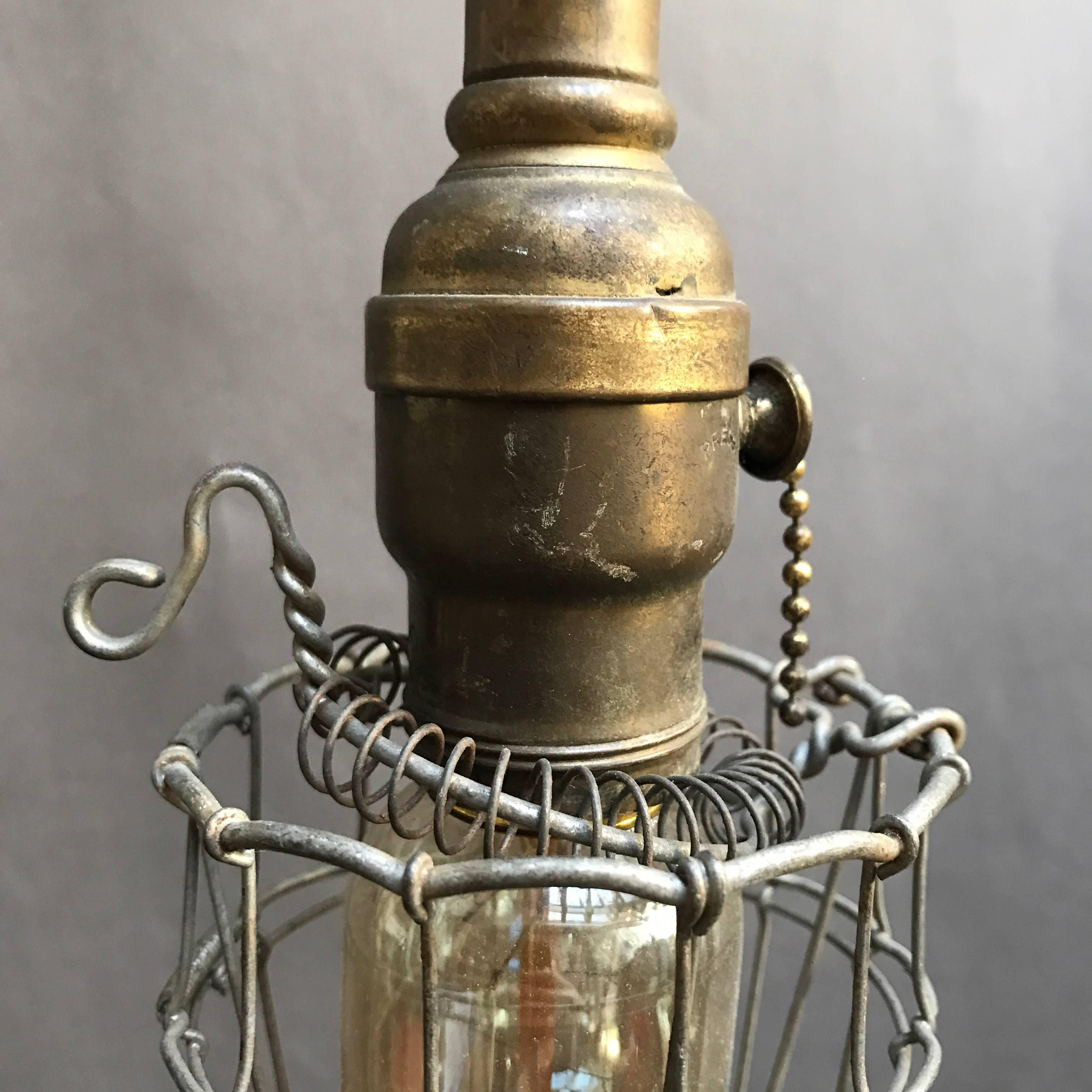 Industrial Caged Utility Light Pendant with Wood Handle In Excellent Condition In Brooklyn, NY