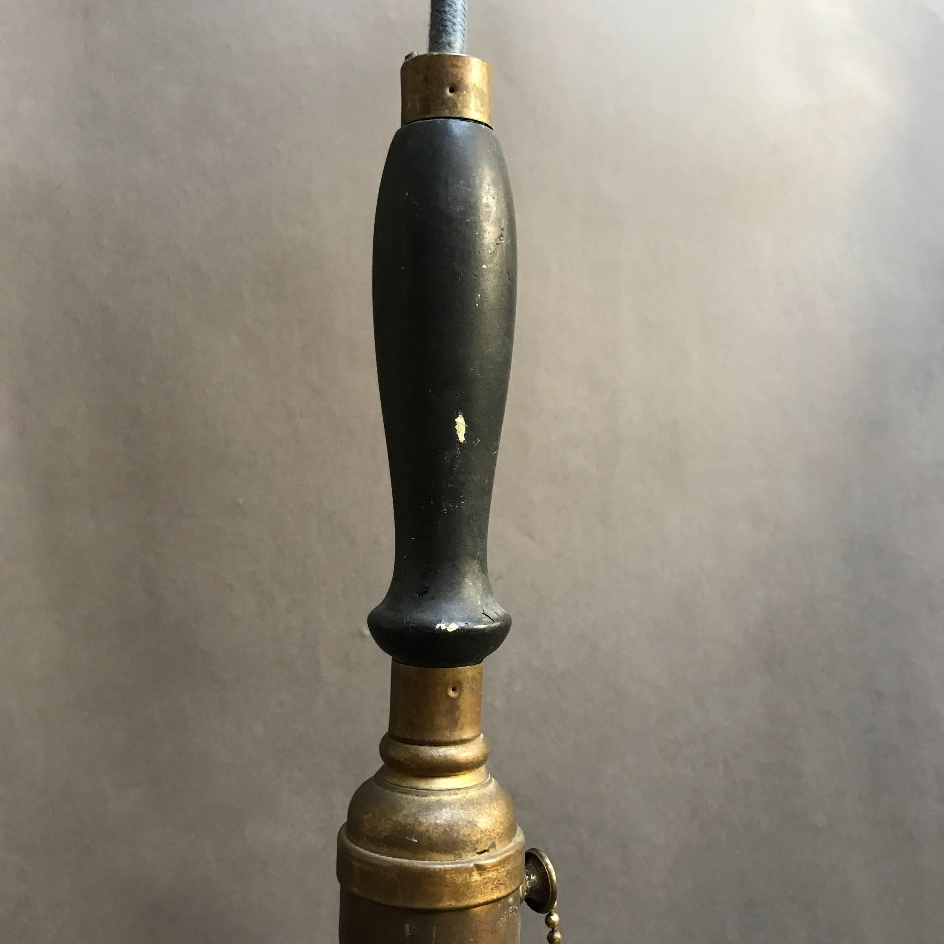 Brass Industrial Caged Utility Light Pendant with Wood Handle