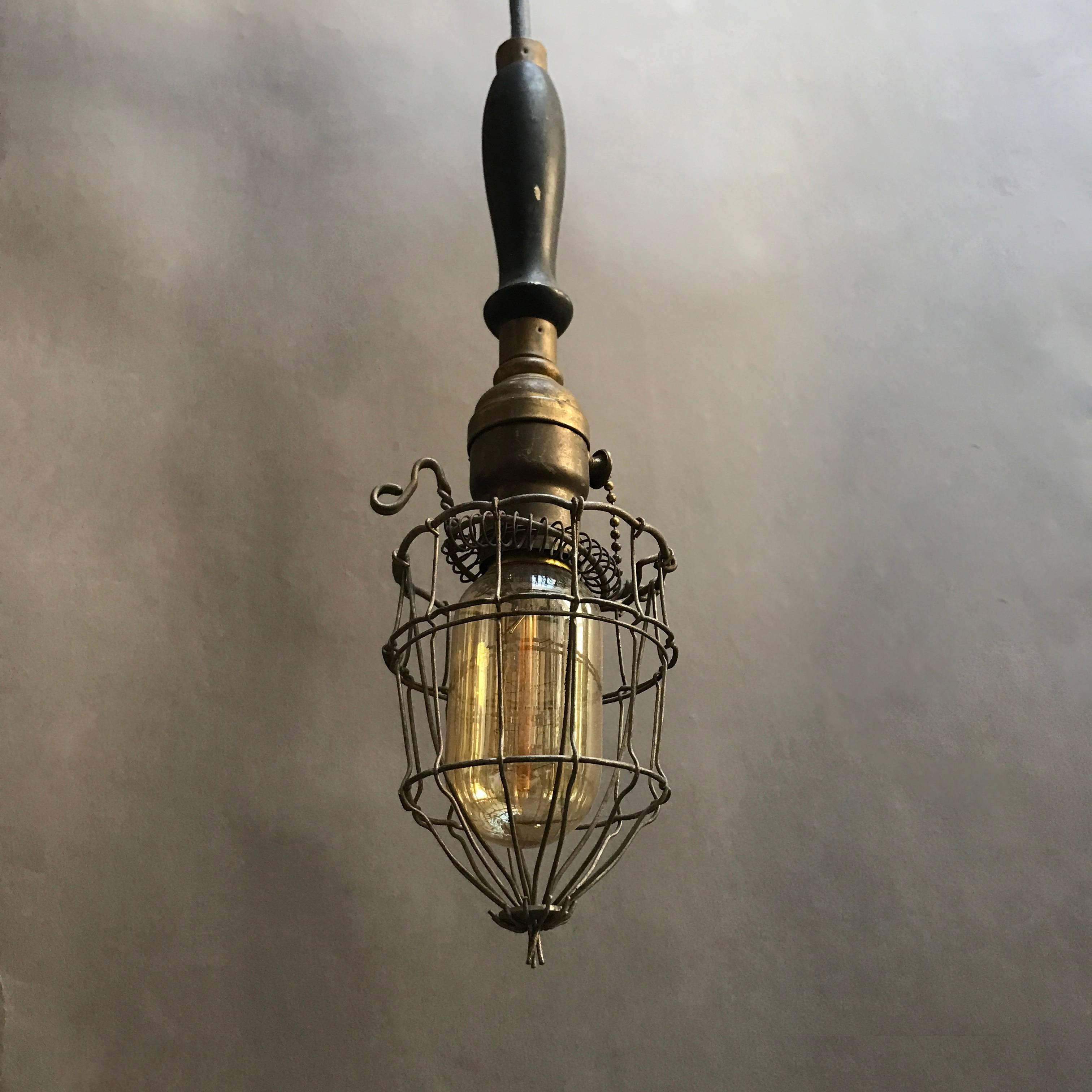 20th Century Industrial Caged Utility Light Pendant with Wood Handle