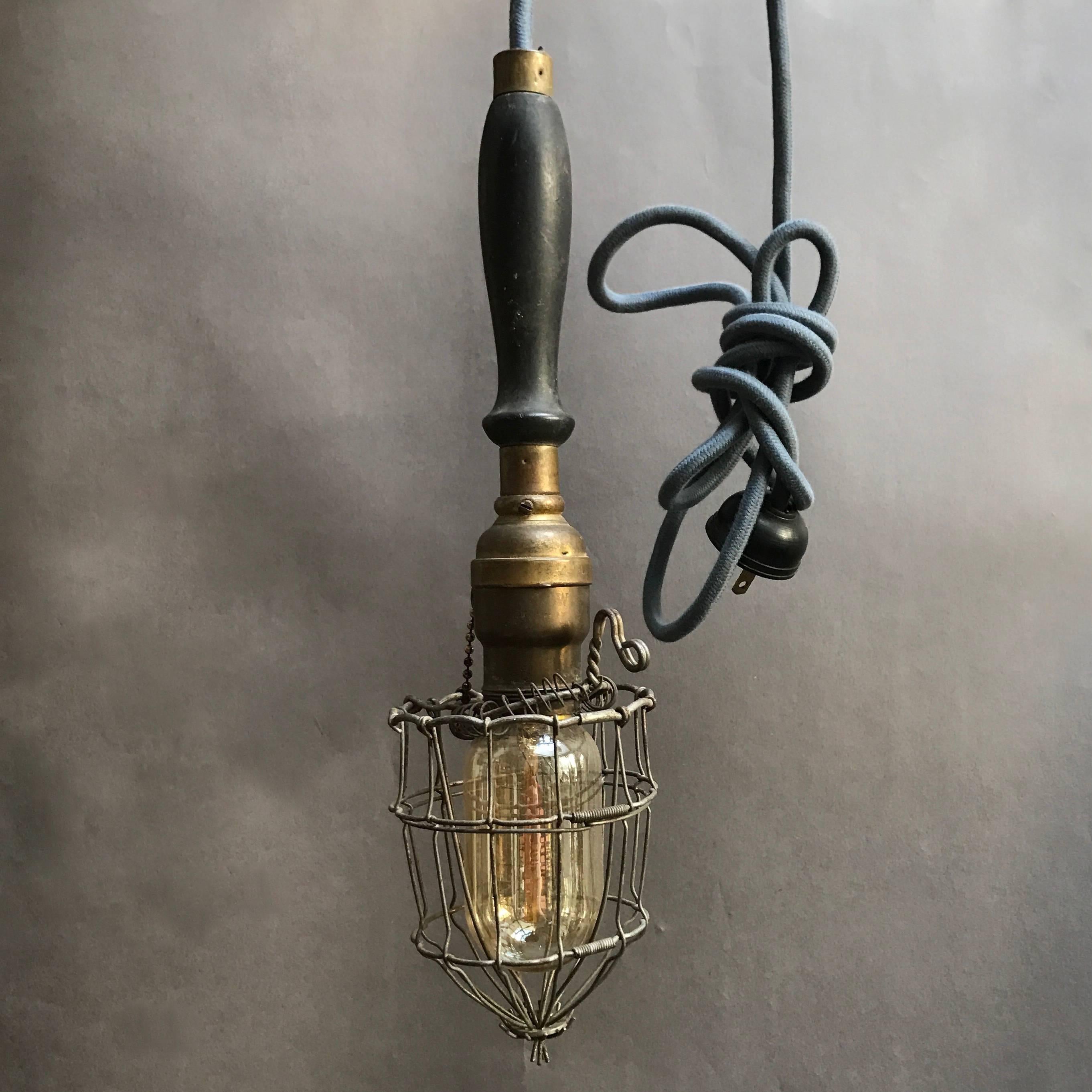American Industrial Caged Utility Light Pendant with Wood Handle