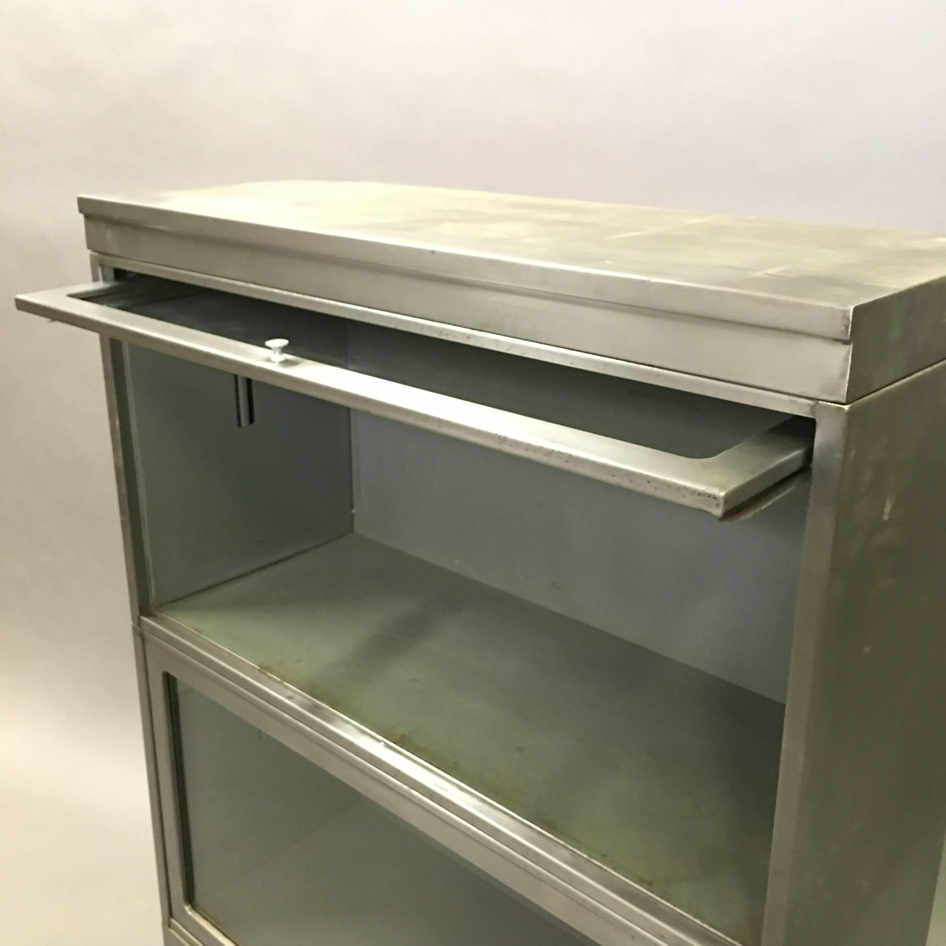 American Industrial Glass Front Brushed Steel Barrister Bookcase