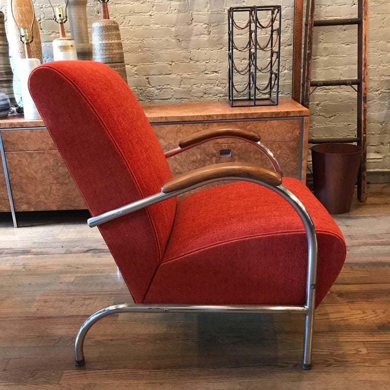 Art Deco Tubular Chrome Upholstered Lounge Chair by Troy Sunshade at