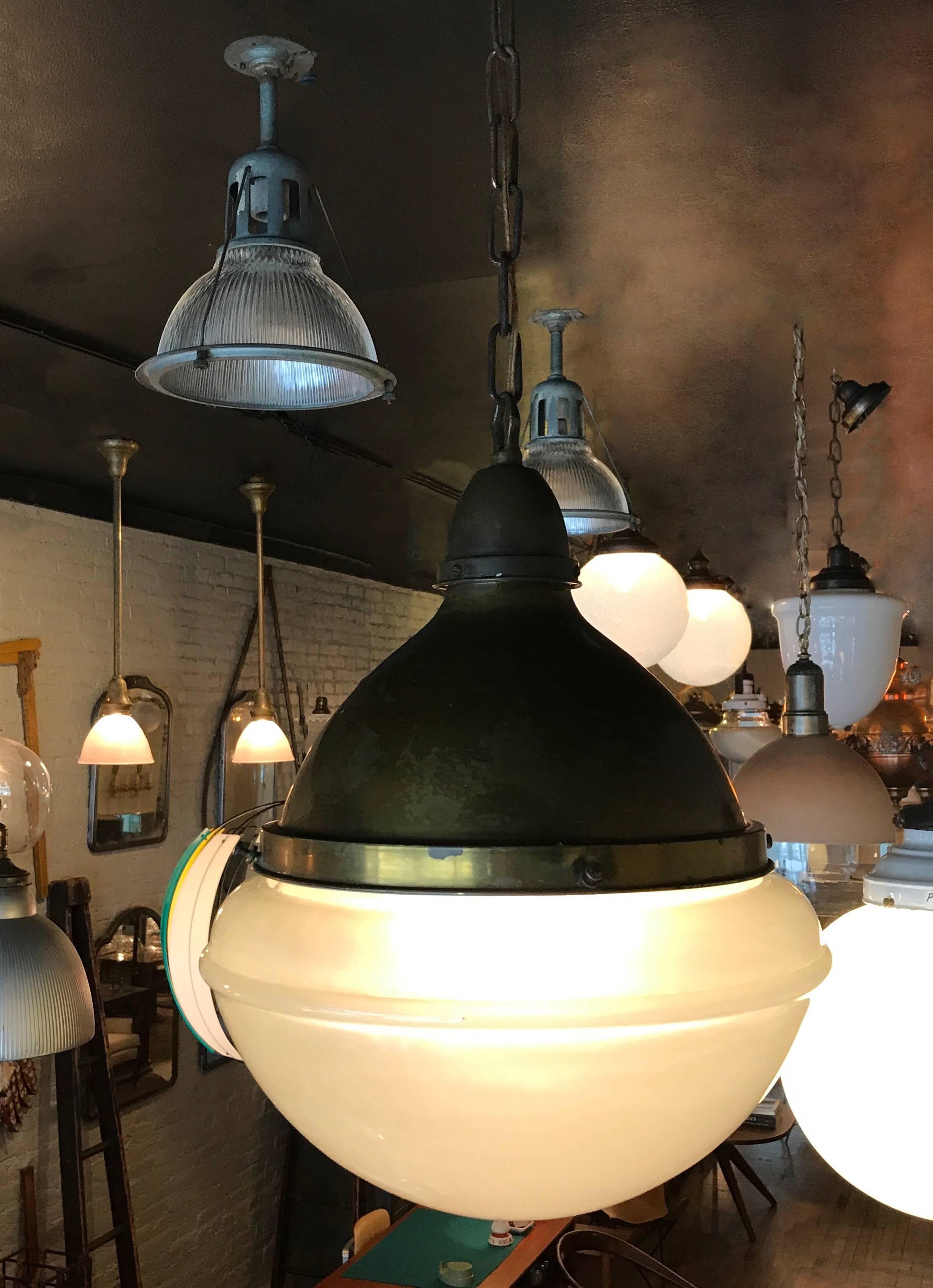 Impressive Industrial Acid Washed Glass Library Pharmacy Pendant Light In Good Condition For Sale In Brooklyn, NY