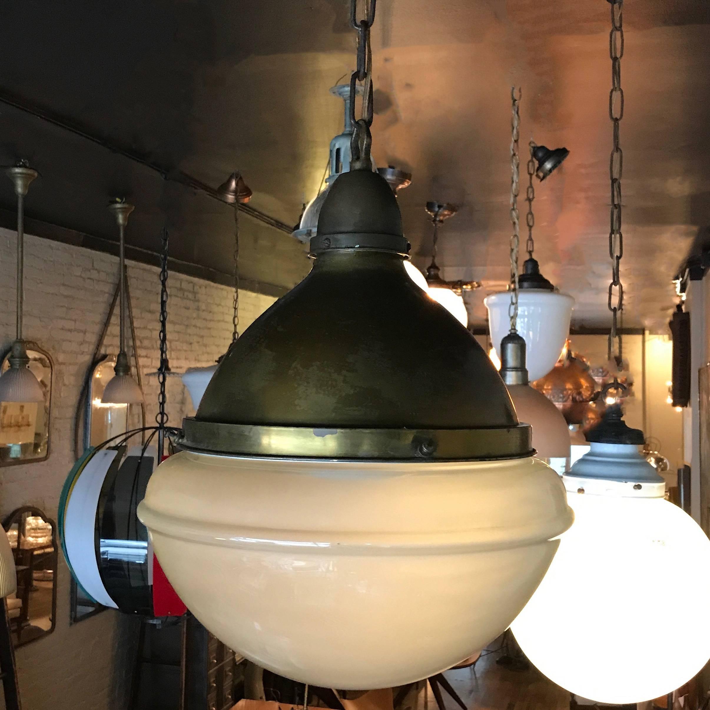 Spun Impressive Industrial Acid Washed Glass Library Pharmacy Pendant Light For Sale