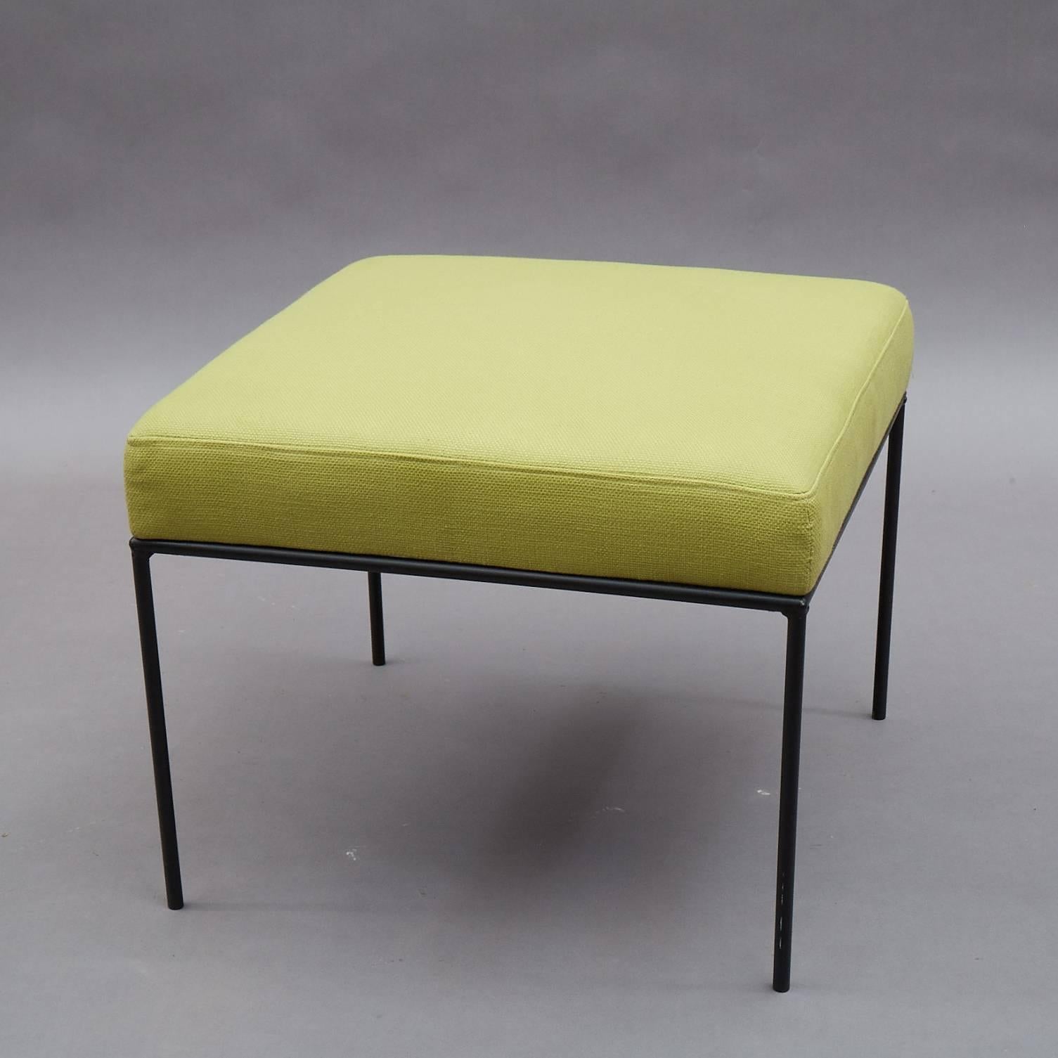 Paul McCobb Square Wrought Iron and Chartreuse Linen Ottomans In Excellent Condition In Brooklyn, NY