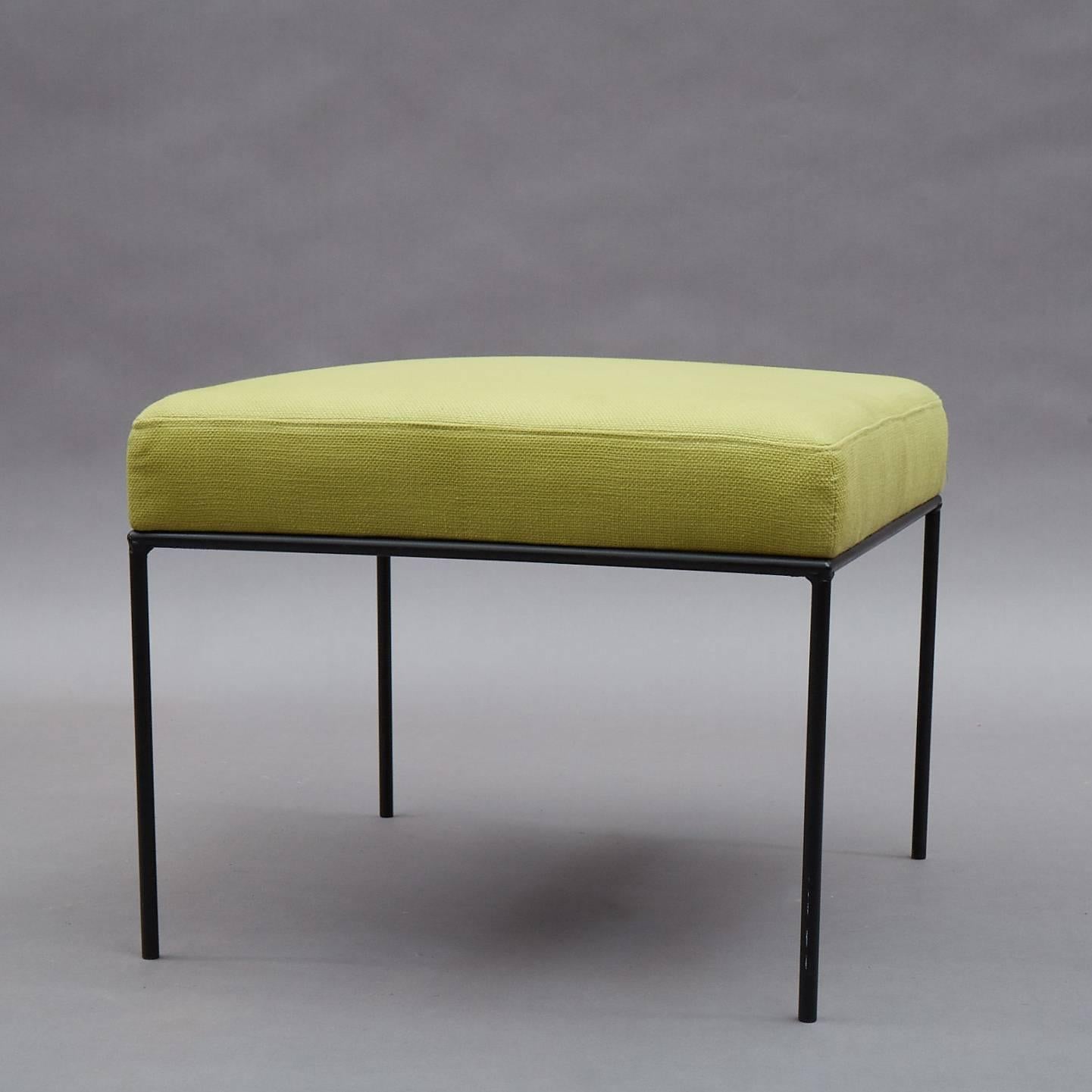 American Paul McCobb Square Wrought Iron and Chartreuse Linen Ottomans