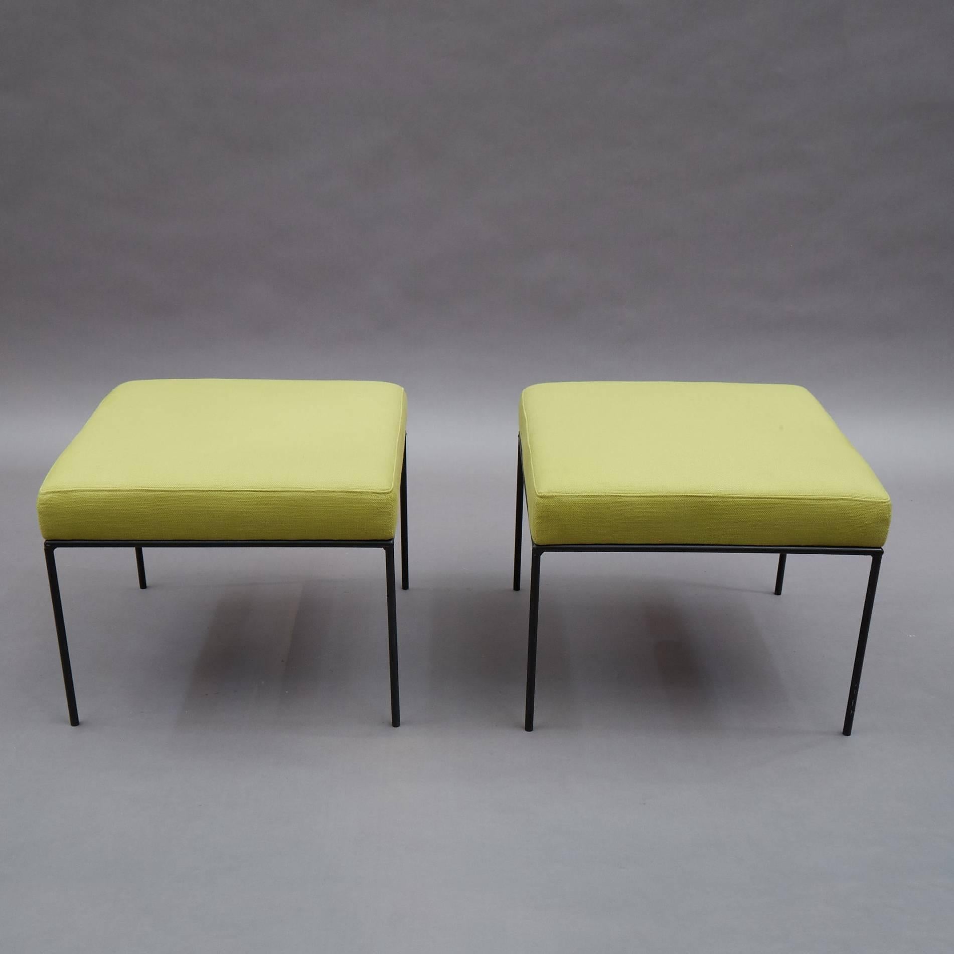 Mid-Century Modern Paul McCobb Square Wrought Iron and Chartreuse Linen Ottomans