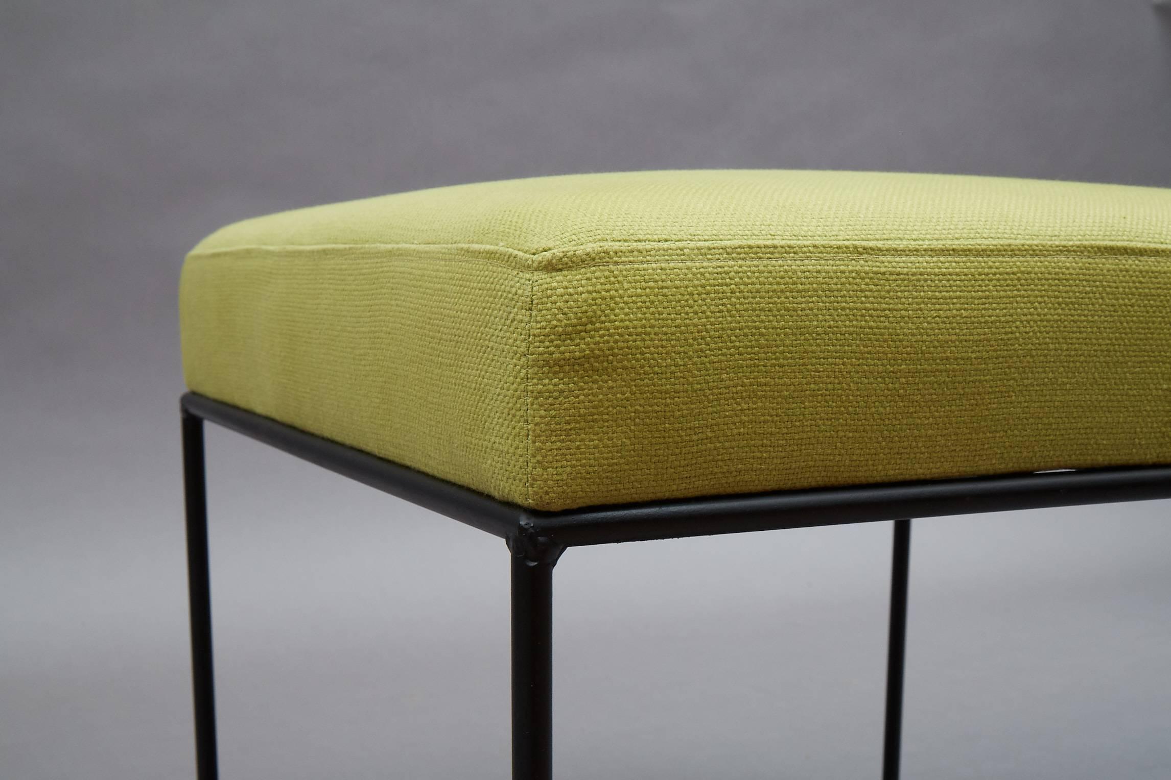 Fabric Paul McCobb Square Wrought Iron and Chartreuse Linen Ottomans