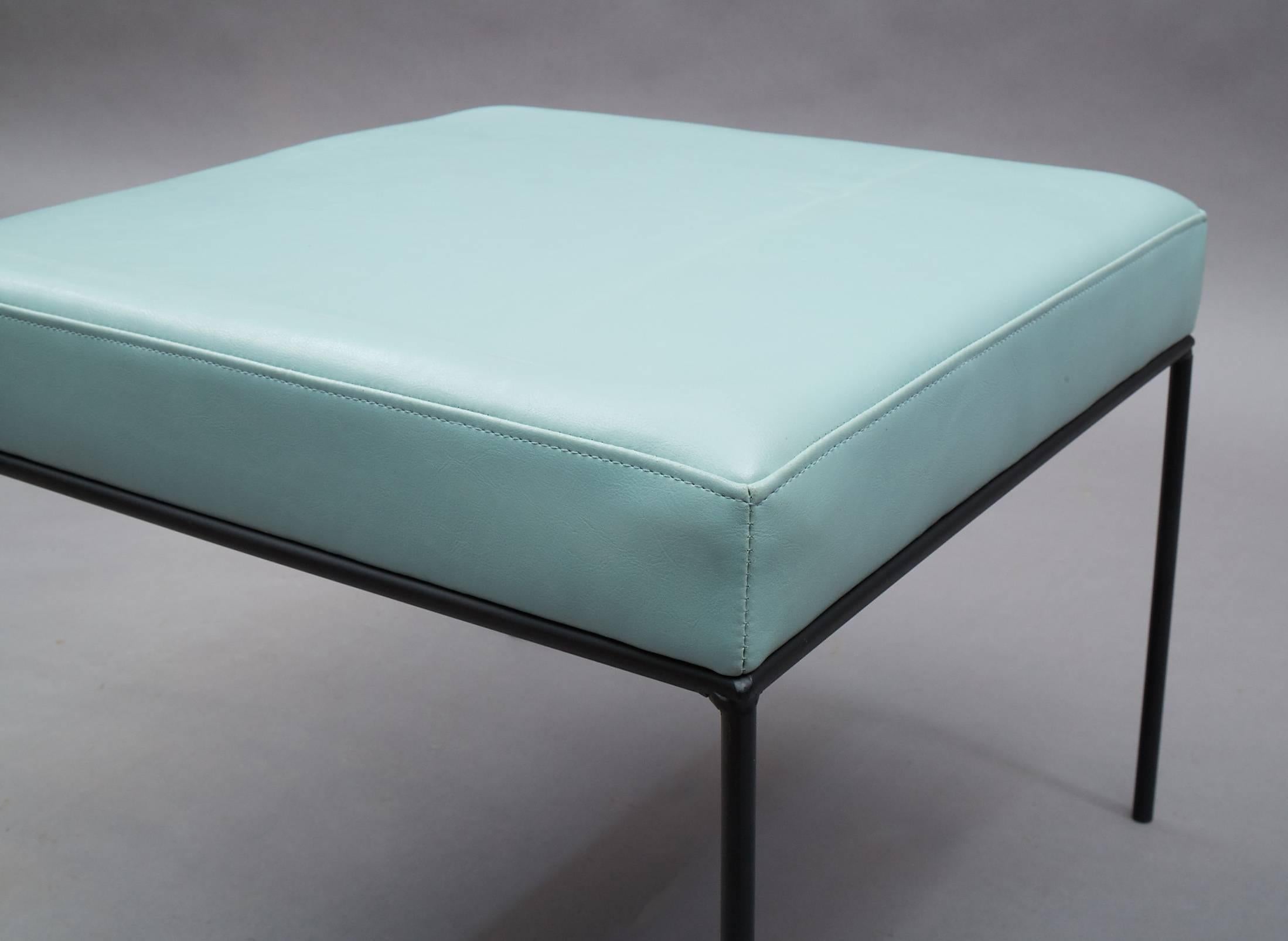 Pair of Powder Blue Vinyl Wrought Iron Paul McCobb Square Ottomans In Excellent Condition In Brooklyn, NY