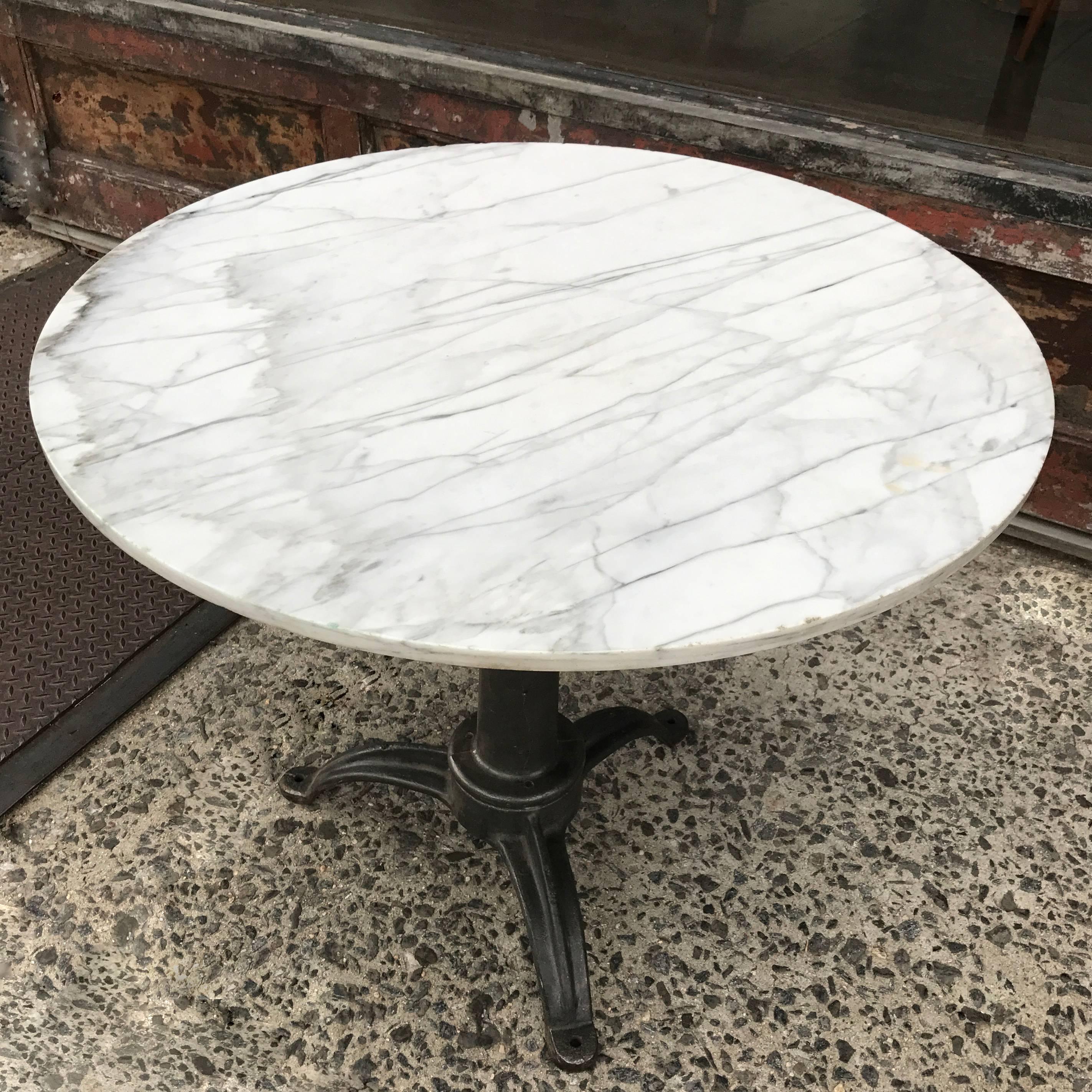 Industrial Round Marble and Cast Iron Pedestal Café Dining Table