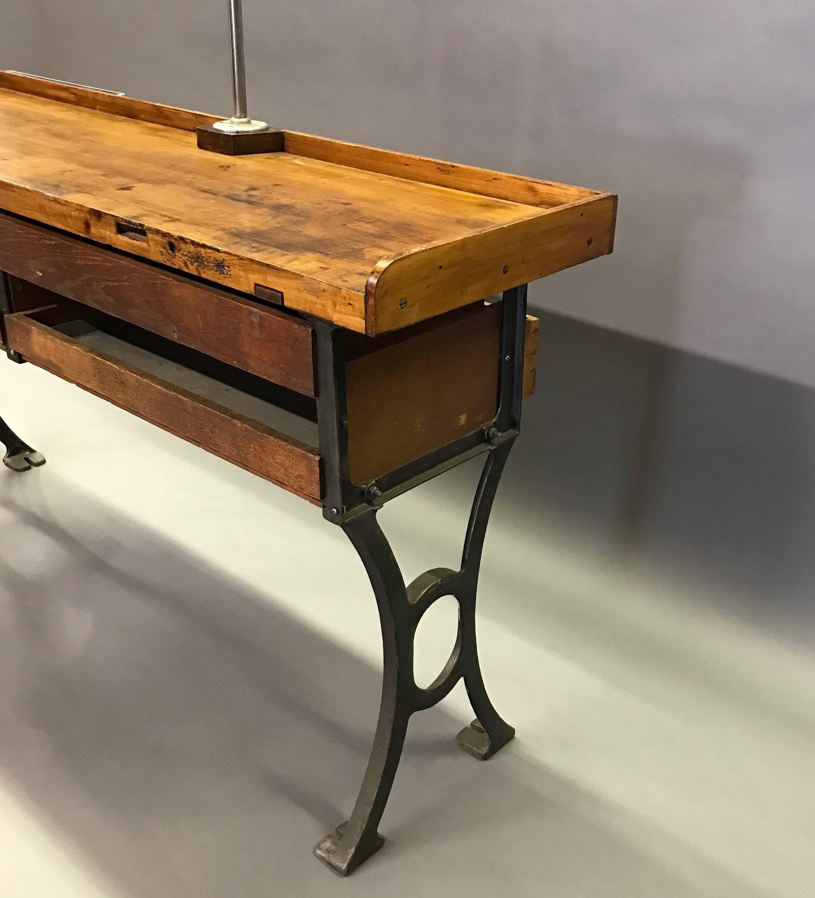 Mid-20th Century Industrial Double Wide Maple Cast Iron Jewelers Work Bench Table