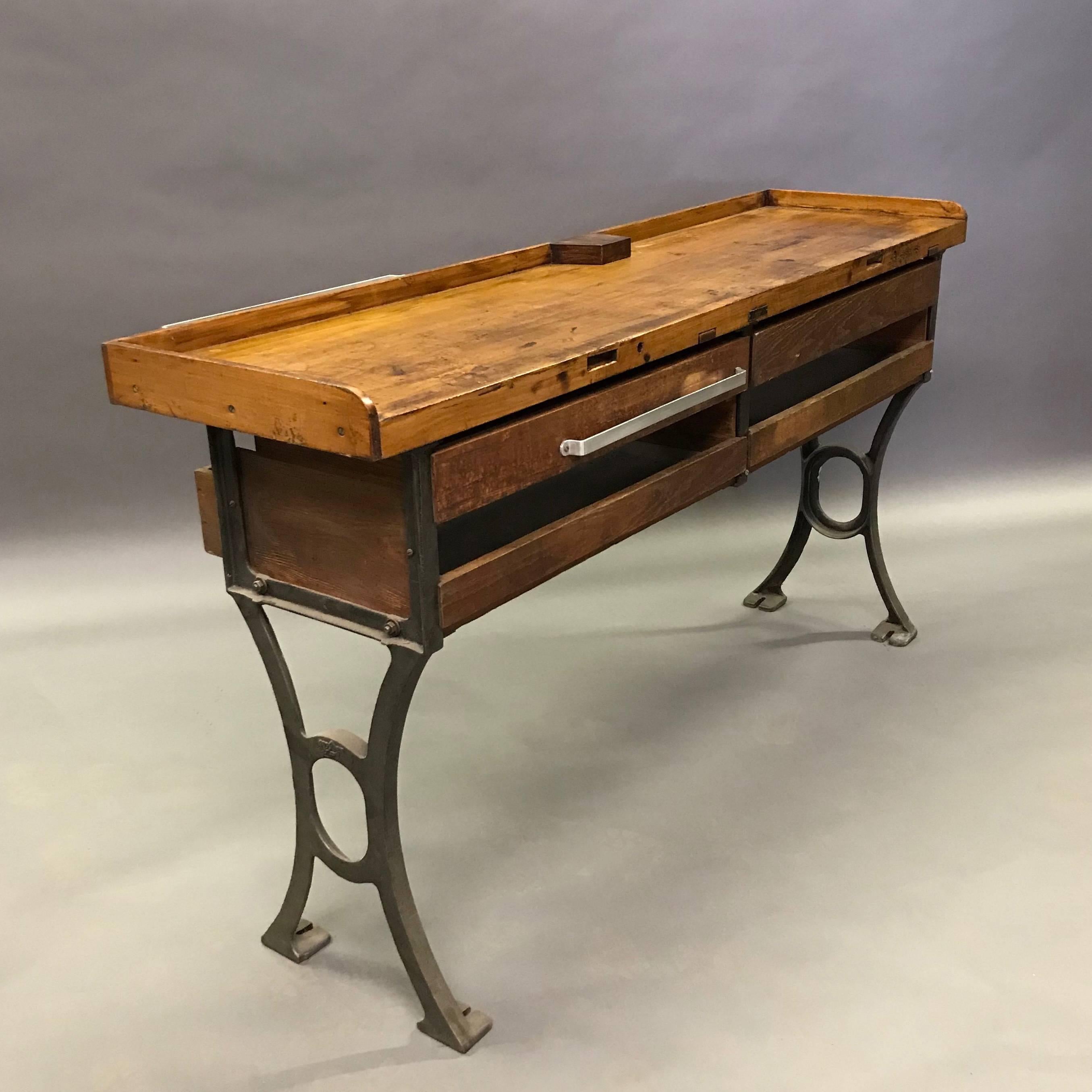 American Industrial Double Wide Maple Cast Iron Jewelers Work Bench Table
