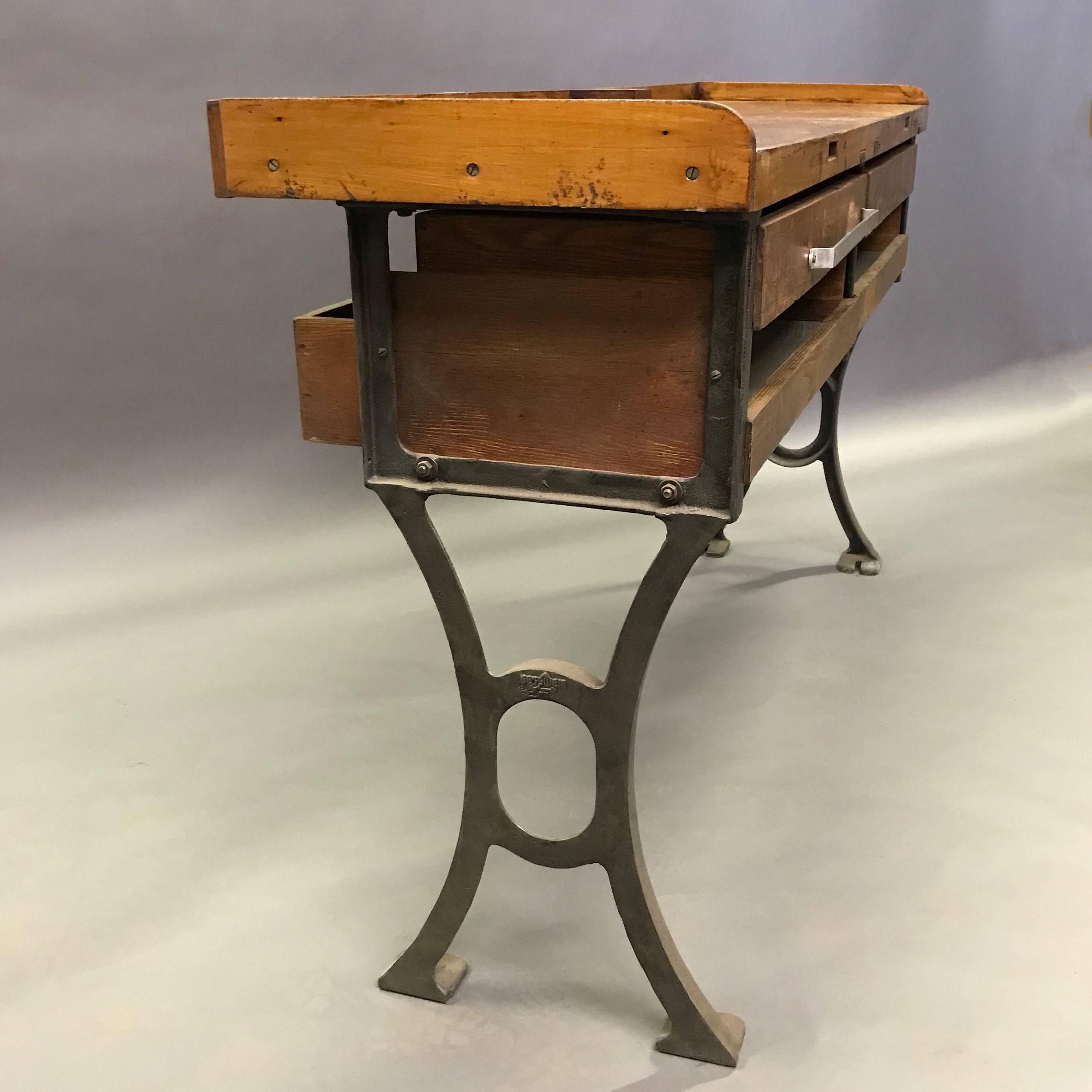 Industrial Double Wide Maple Cast Iron Jewelers Work Bench Table In Good Condition In Brooklyn, NY