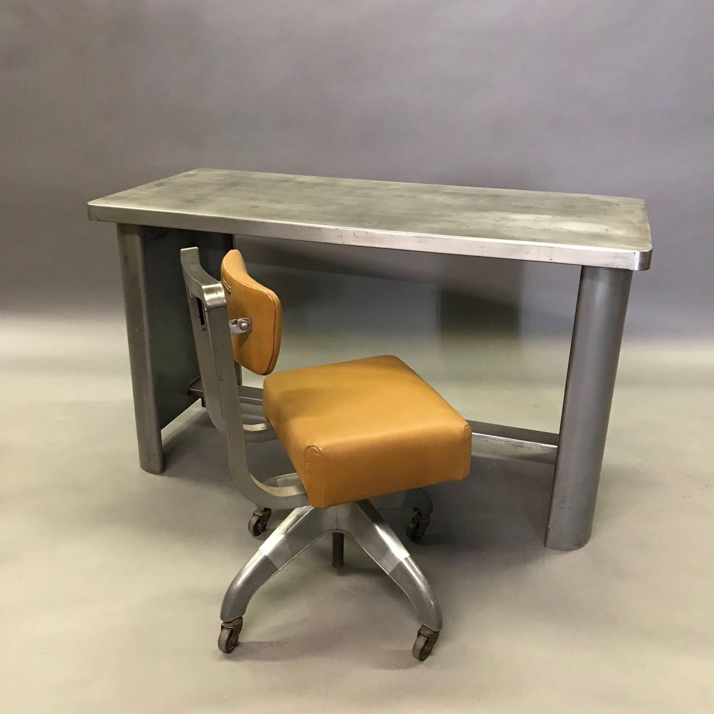 Industrial Machine Age Brushed Steel Work Table Desk In Excellent Condition In Brooklyn, NY