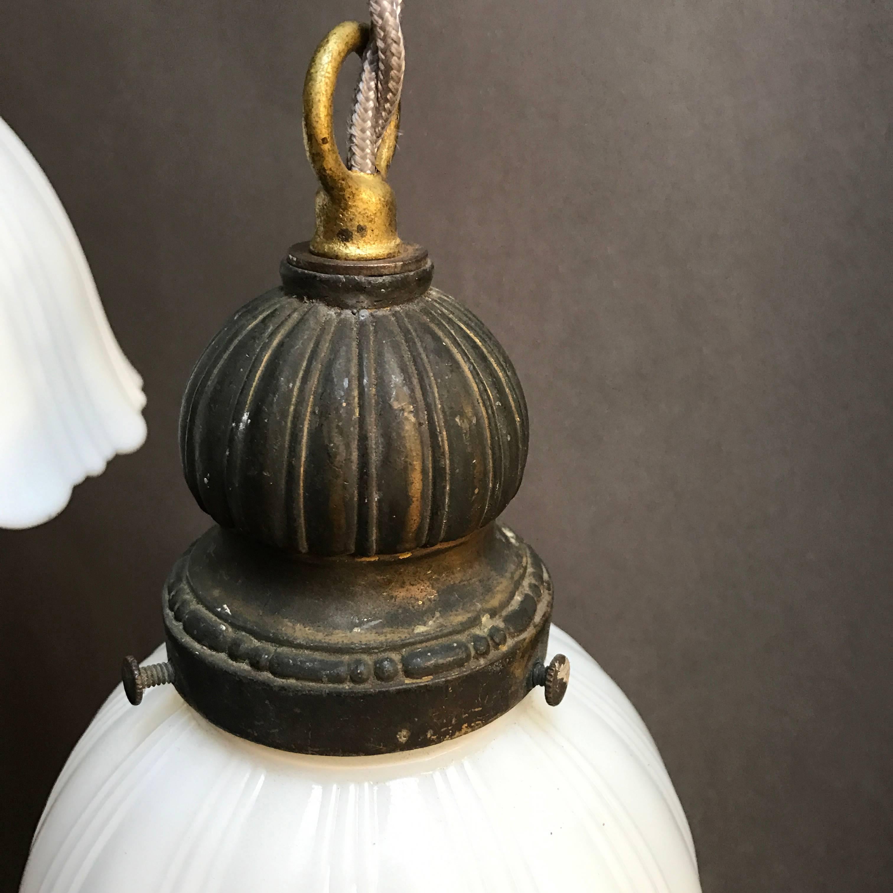 Industrial Pair of Fluted Milk Glass Bell Pendant Lights