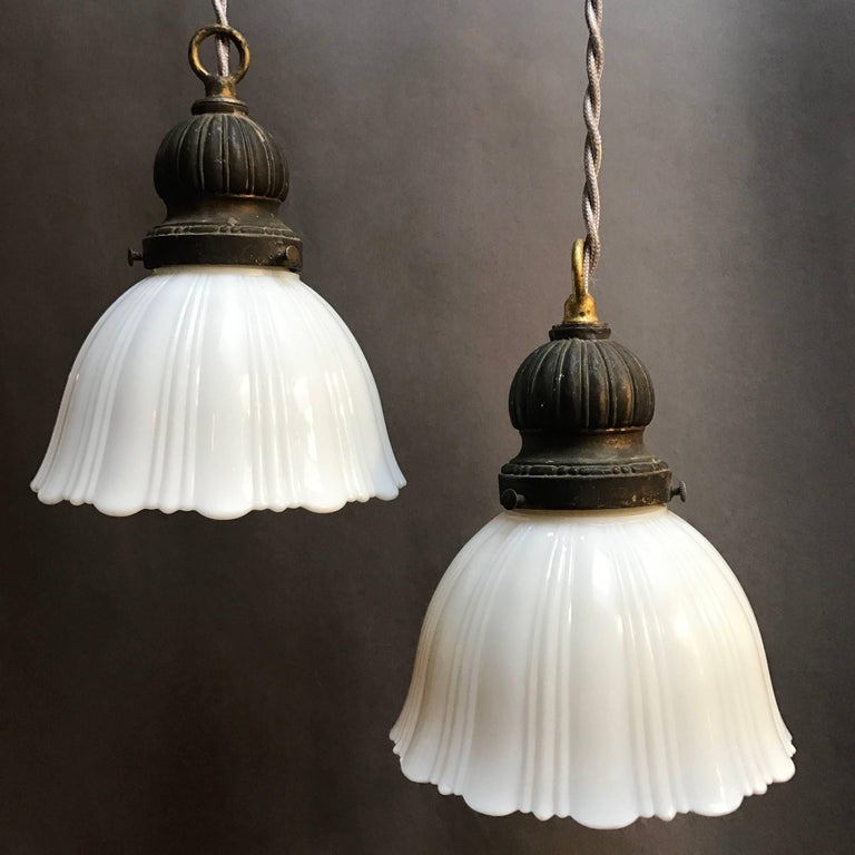 Pair of Fluted Milk Glass Bell Pendant Lights at 1stDibs