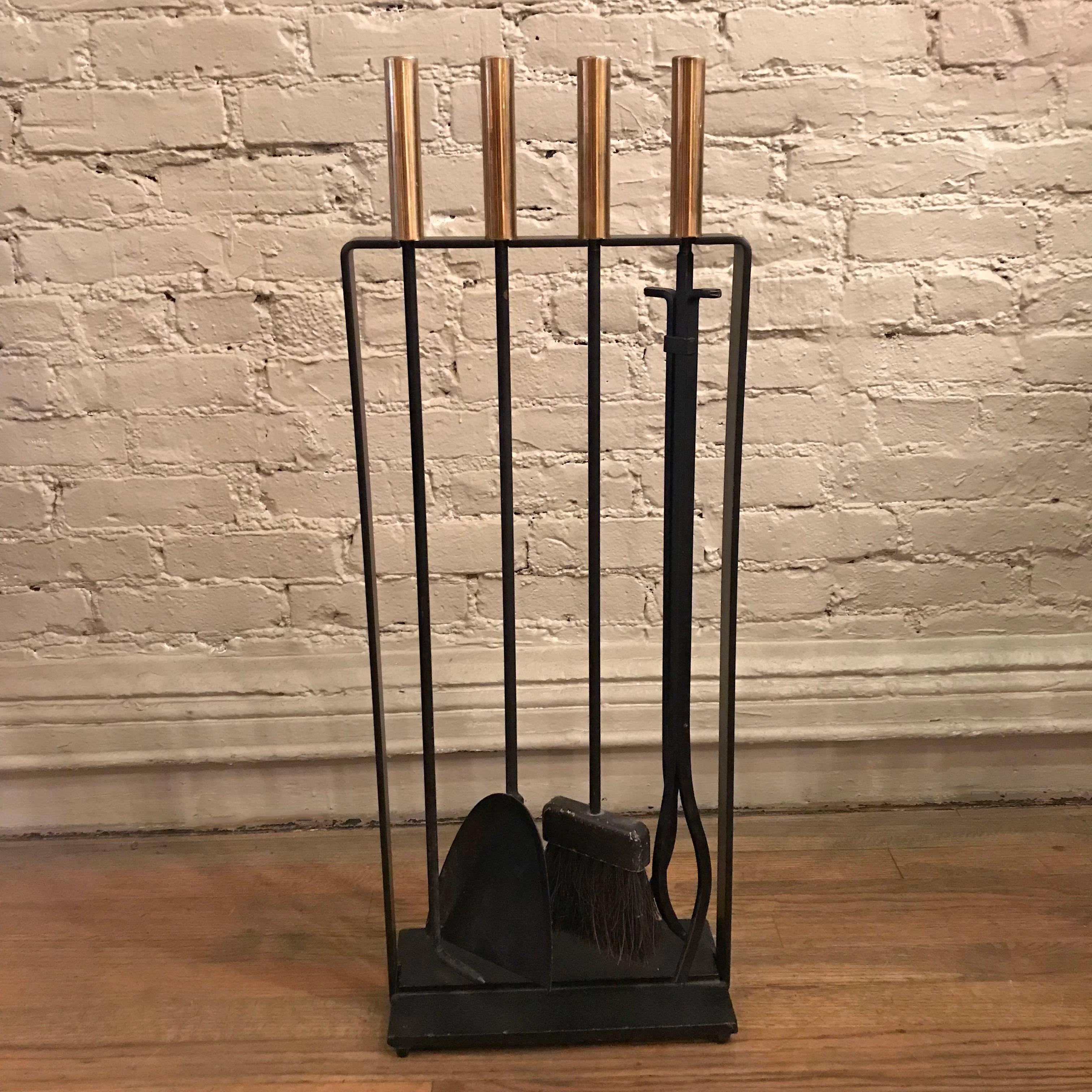 American Modernist Wrought Iron and Brass Fireplace Tools